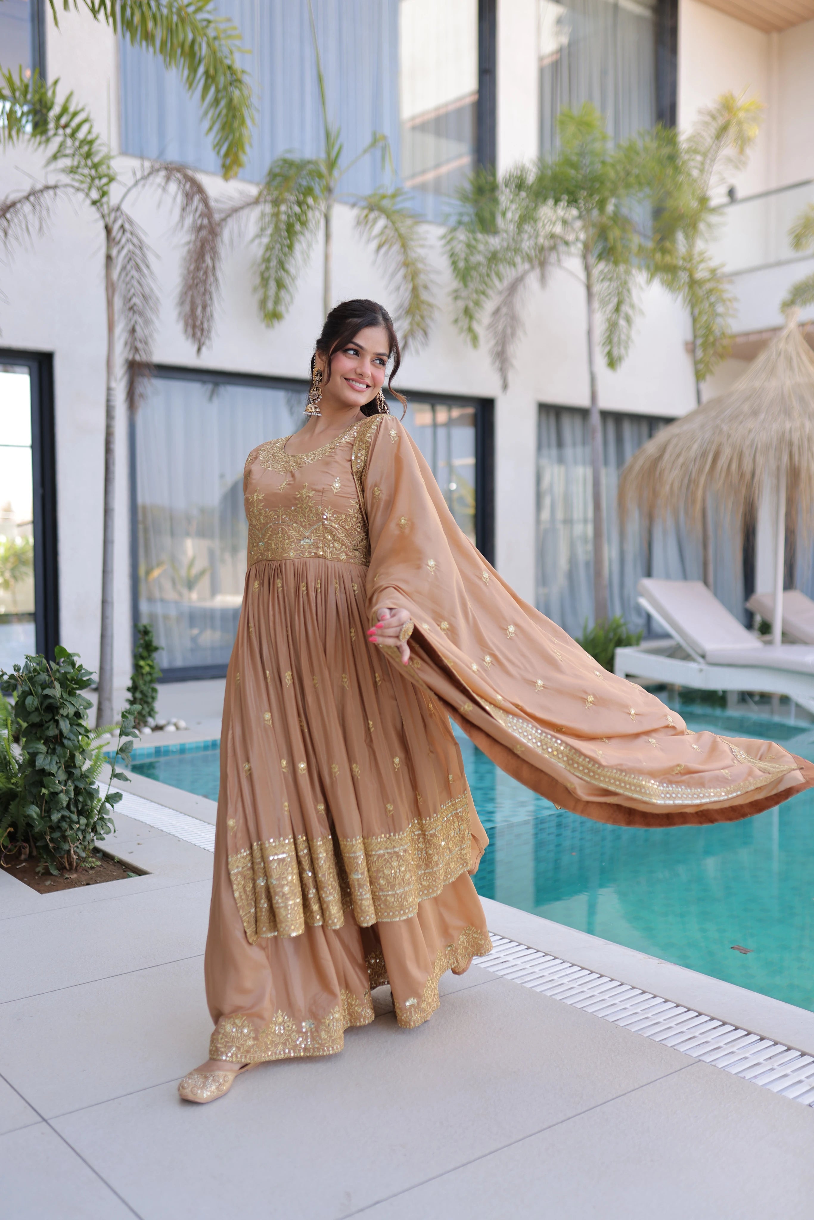 Tiyara Golden Brown Silk with Rich Sequins Embroidered Work Kurti Sharara Set
