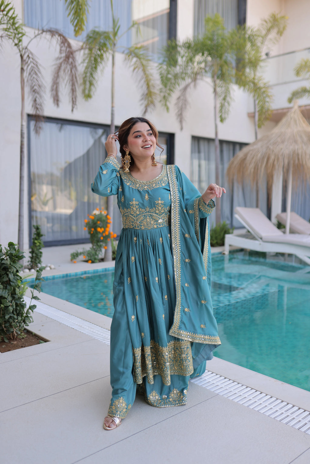 Tiyara sky blue silk kurti sharara set with rich sequins embroidery