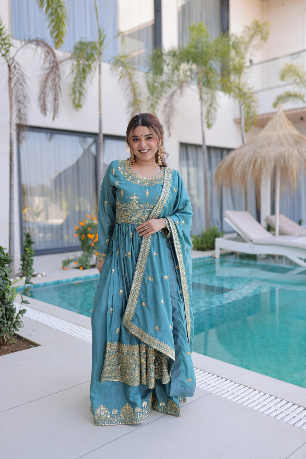 Tiyara sky blue silk kurti sharara set with rich sequins embroidery