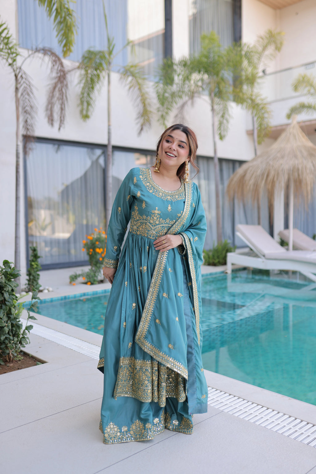 Tiyara sky blue silk kurti sharara set with rich sequins embroidery