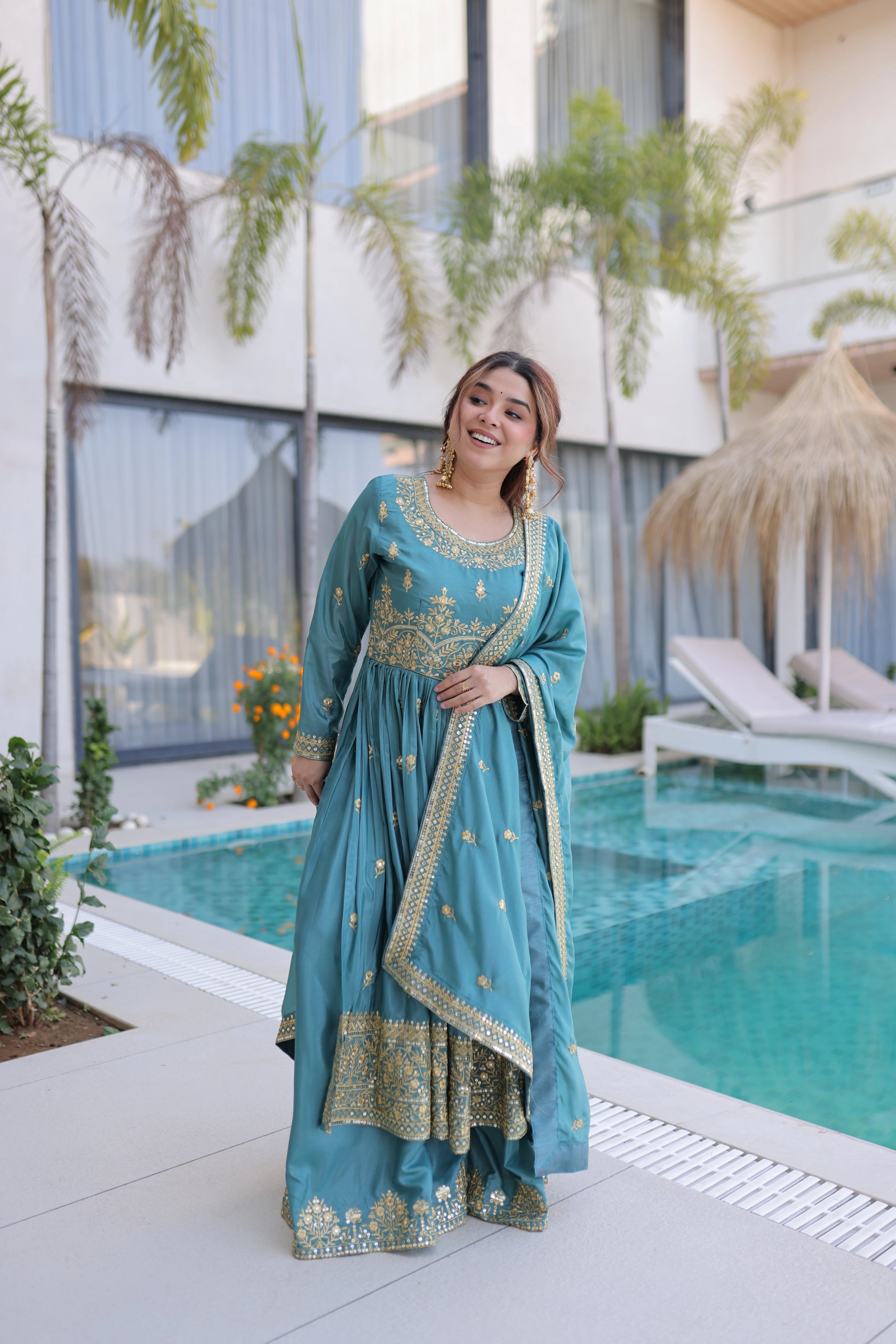 Tiyara sky blue silk kurti sharara set with rich sequins embroidery