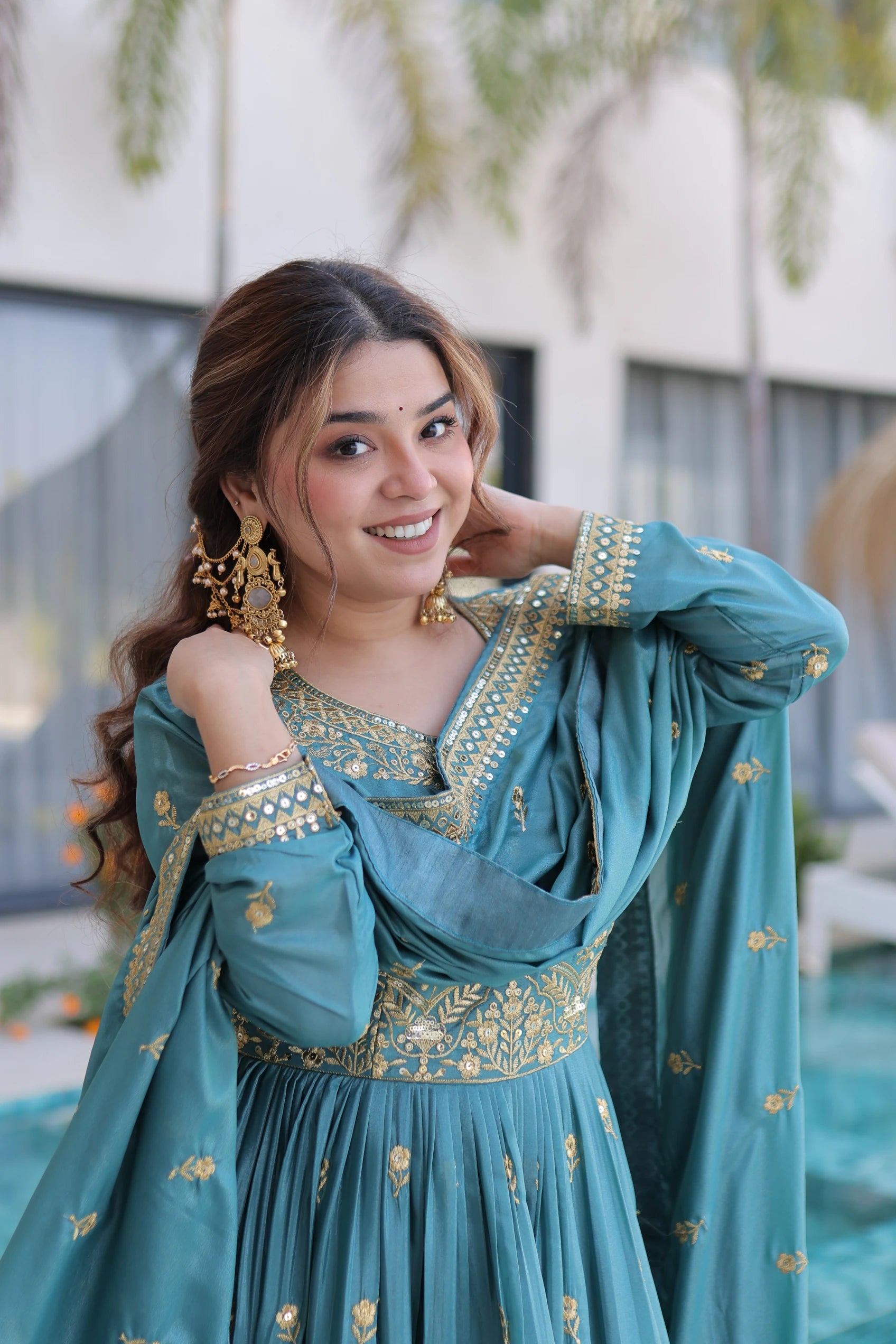 Tiyara sky blue silk kurti sharara set with rich sequins embroidery