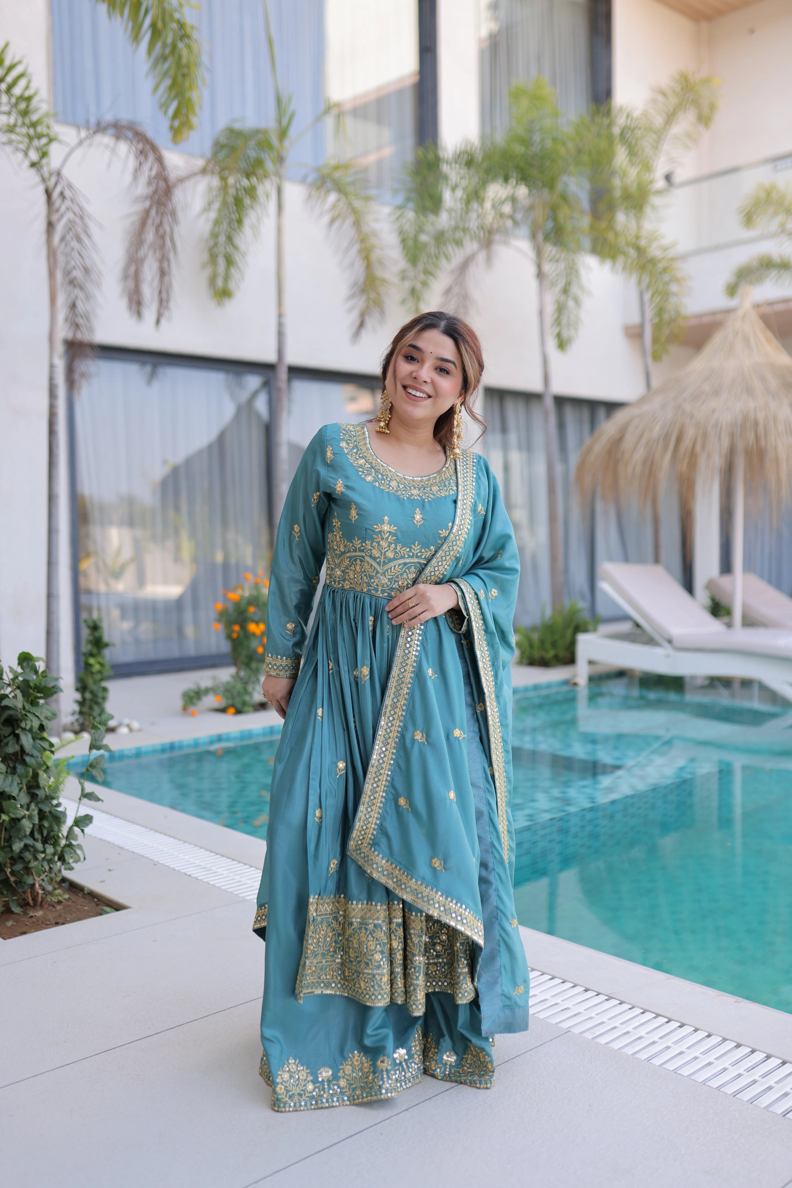 Tiyara Sky Blue Silk with Rich Sequins Embroidered Work Kurti Sharara Set