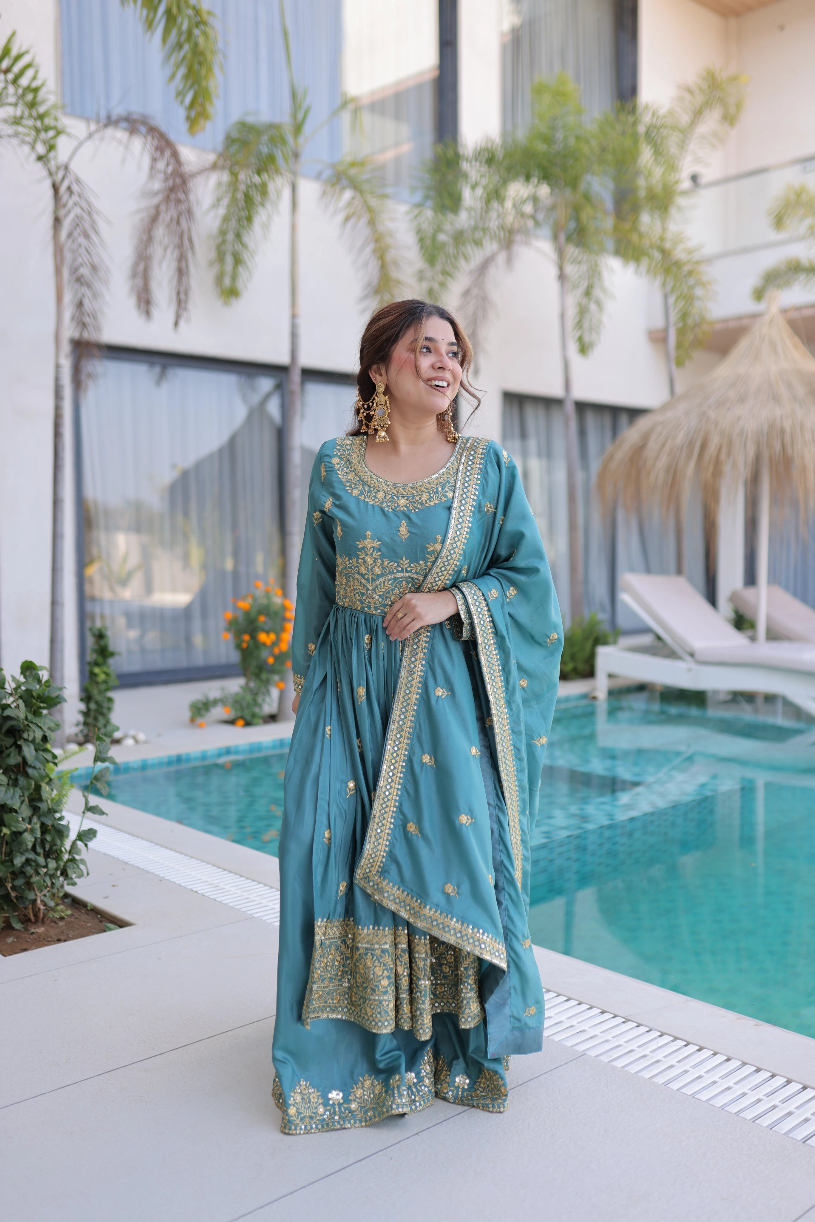 Tiyara Sky Blue Silk with Rich Sequins Embroidered Work Kurti Sharara Set