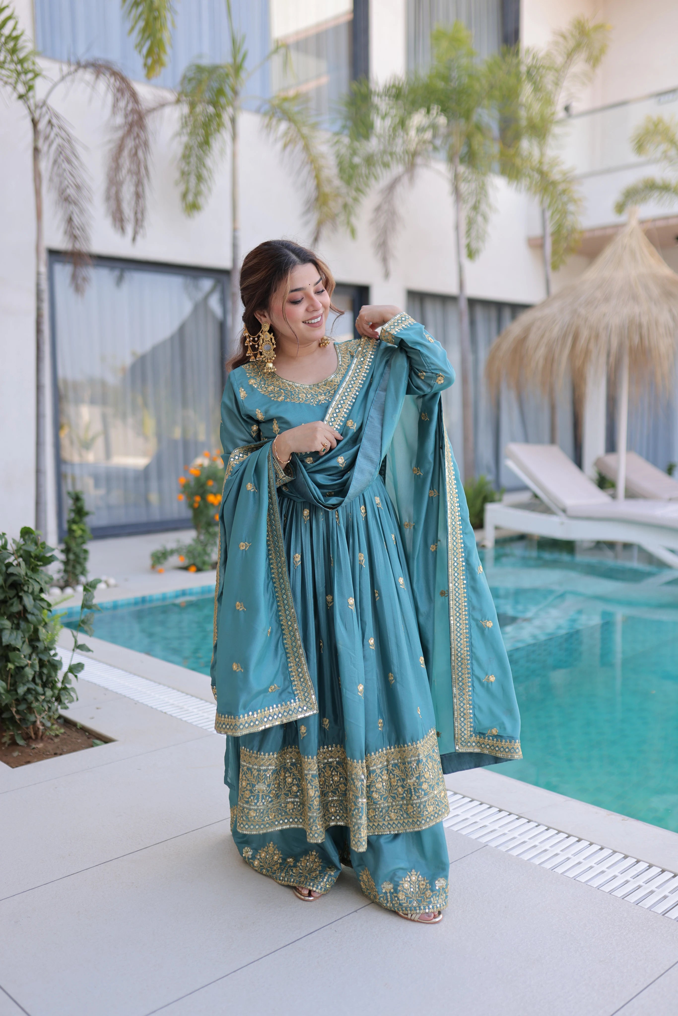 Tiyara sky blue silk kurti sharara set with rich sequins embroidery