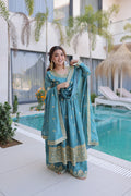 Tiyara sky blue silk kurti sharara set with rich sequins embroidery