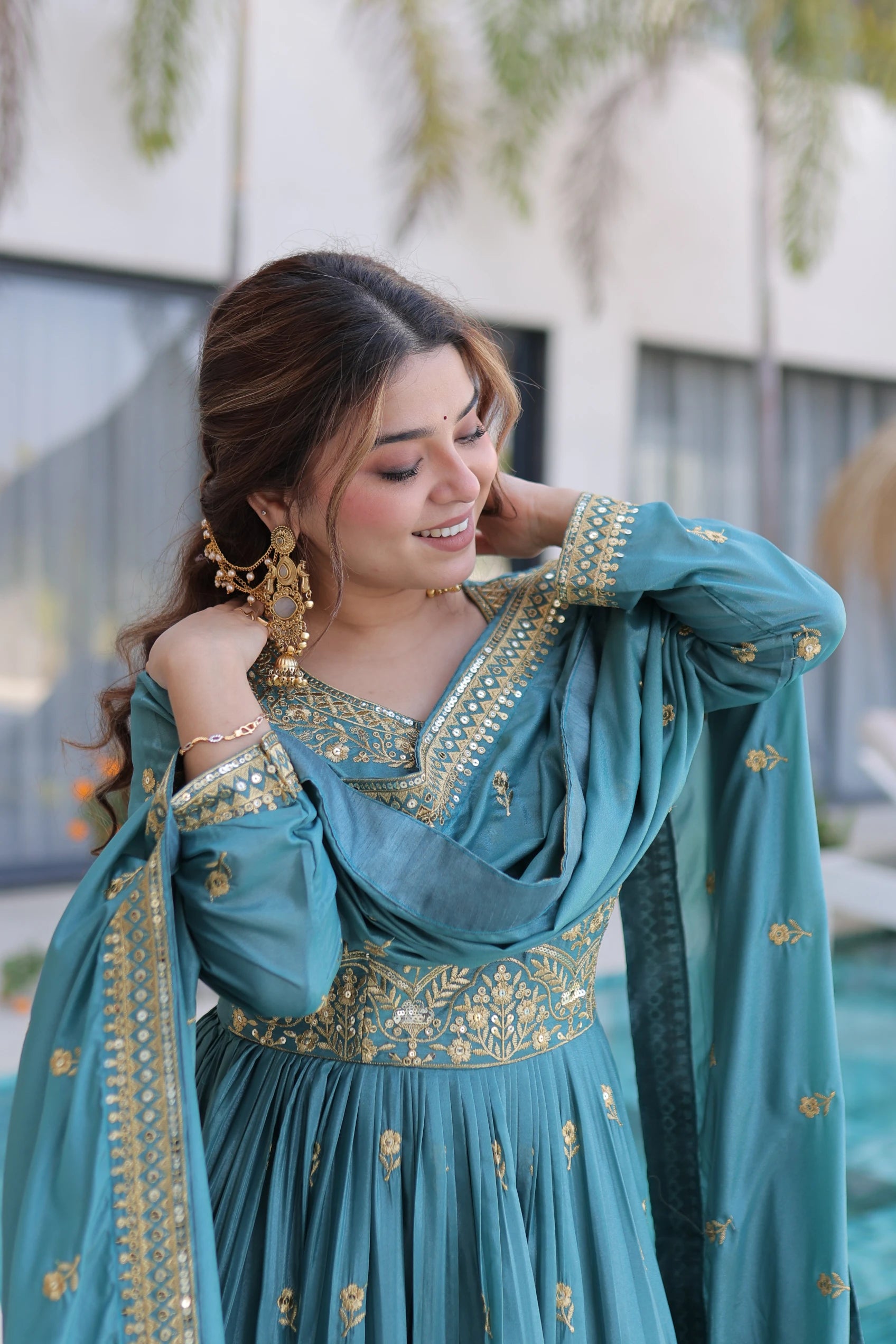 Tiyara sky blue silk kurti sharara set with rich sequins embroidery