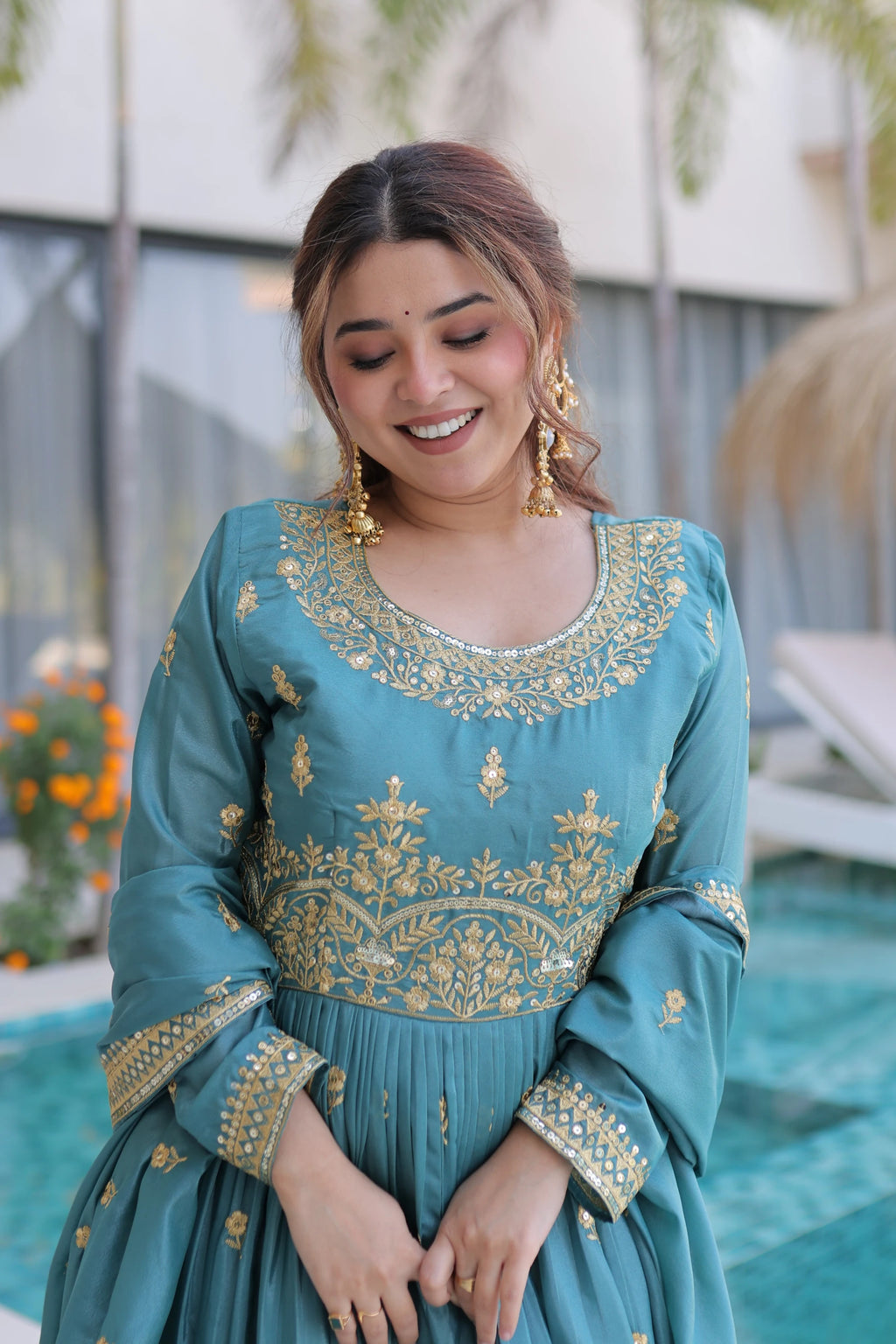 Tiyara sky blue silk kurti sharara set with rich sequins embroidery