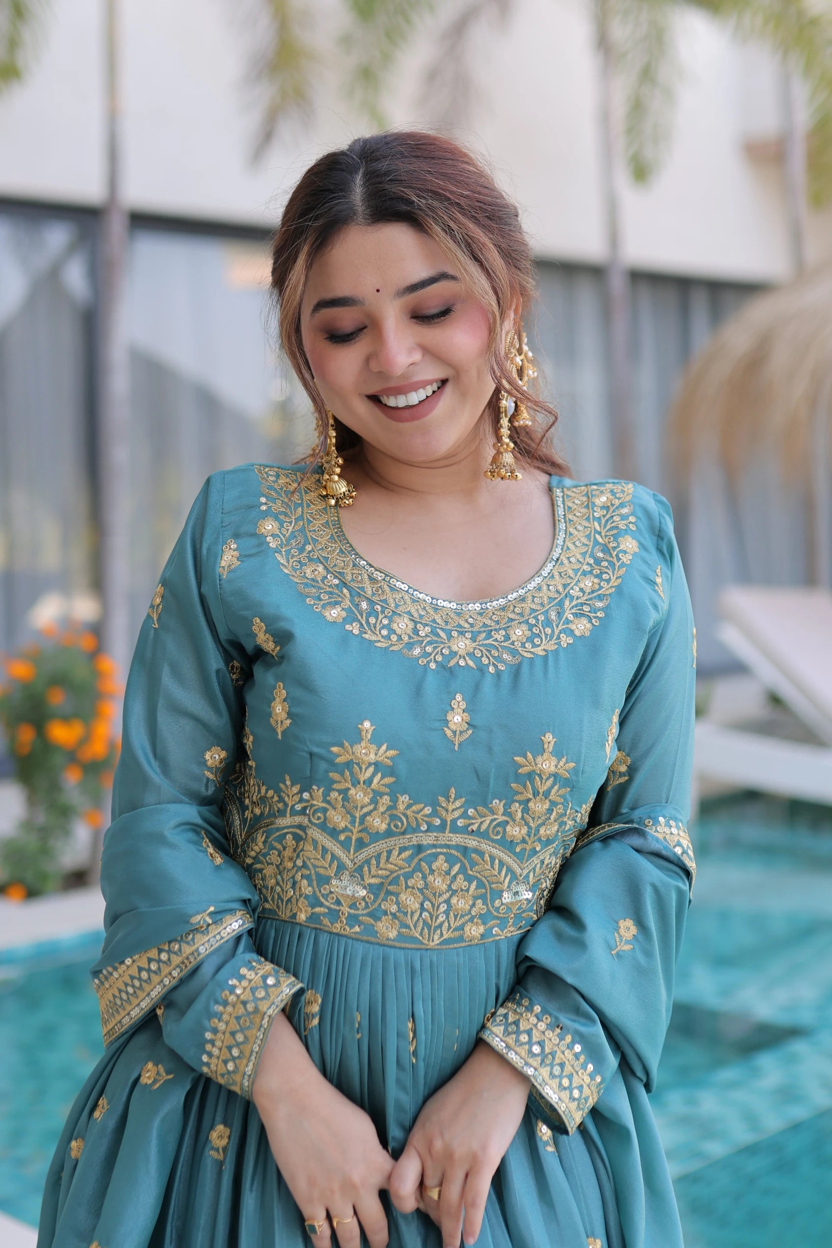 Tiyara sky blue silk kurti sharara set with rich sequins embroidery