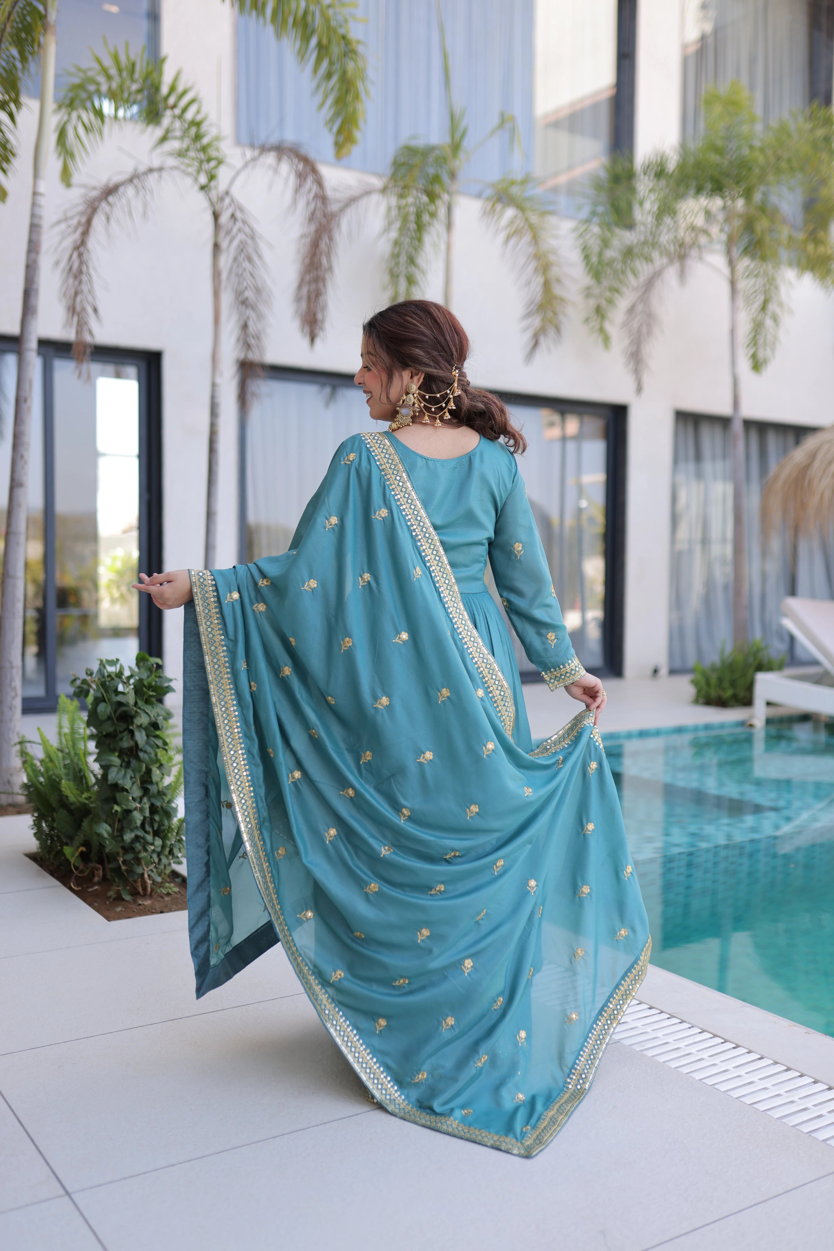 Tiyara sky blue silk kurti sharara set with rich sequins embroidery