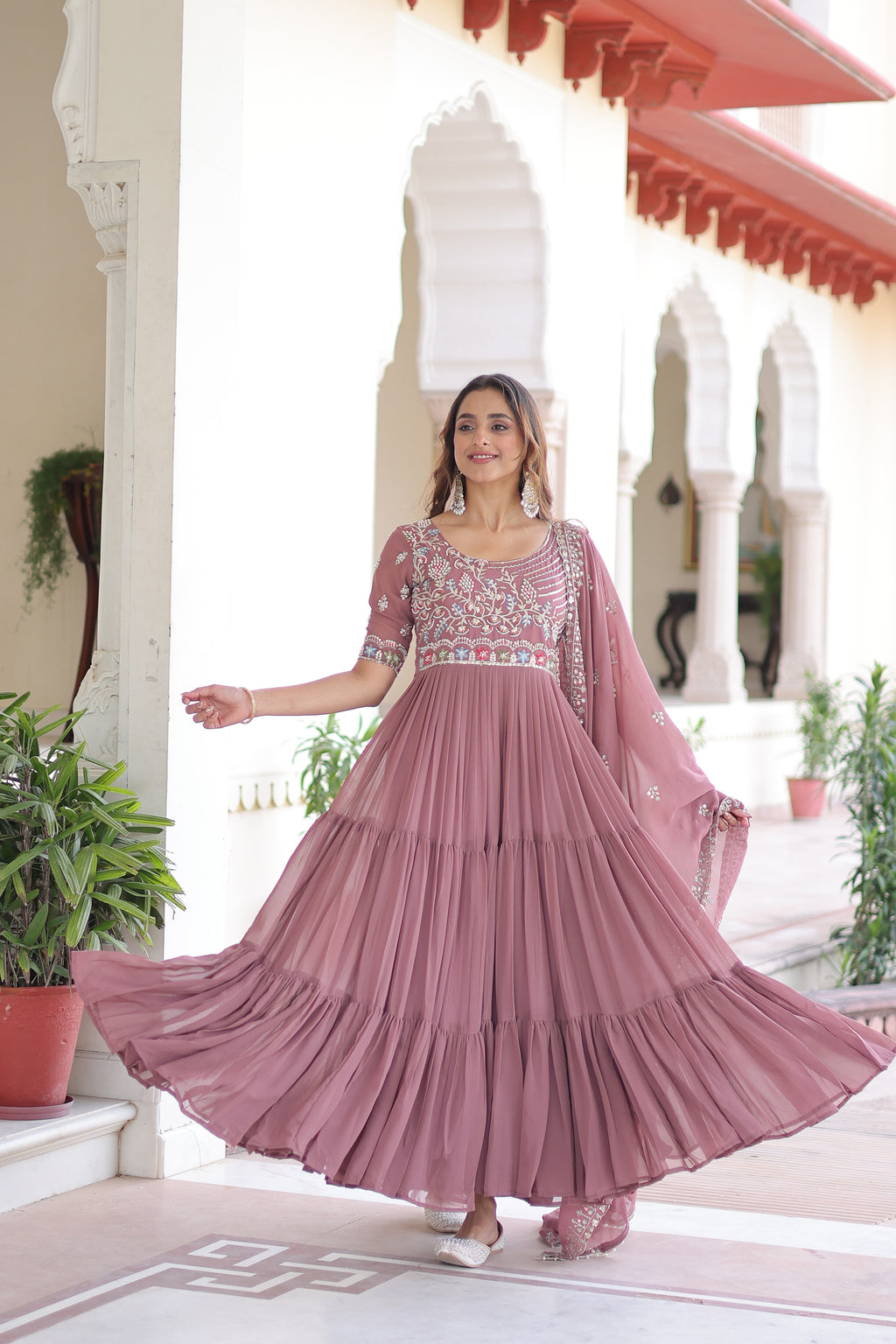 Tosi peach faux blooming gown with sequins embroidered work and dupatta