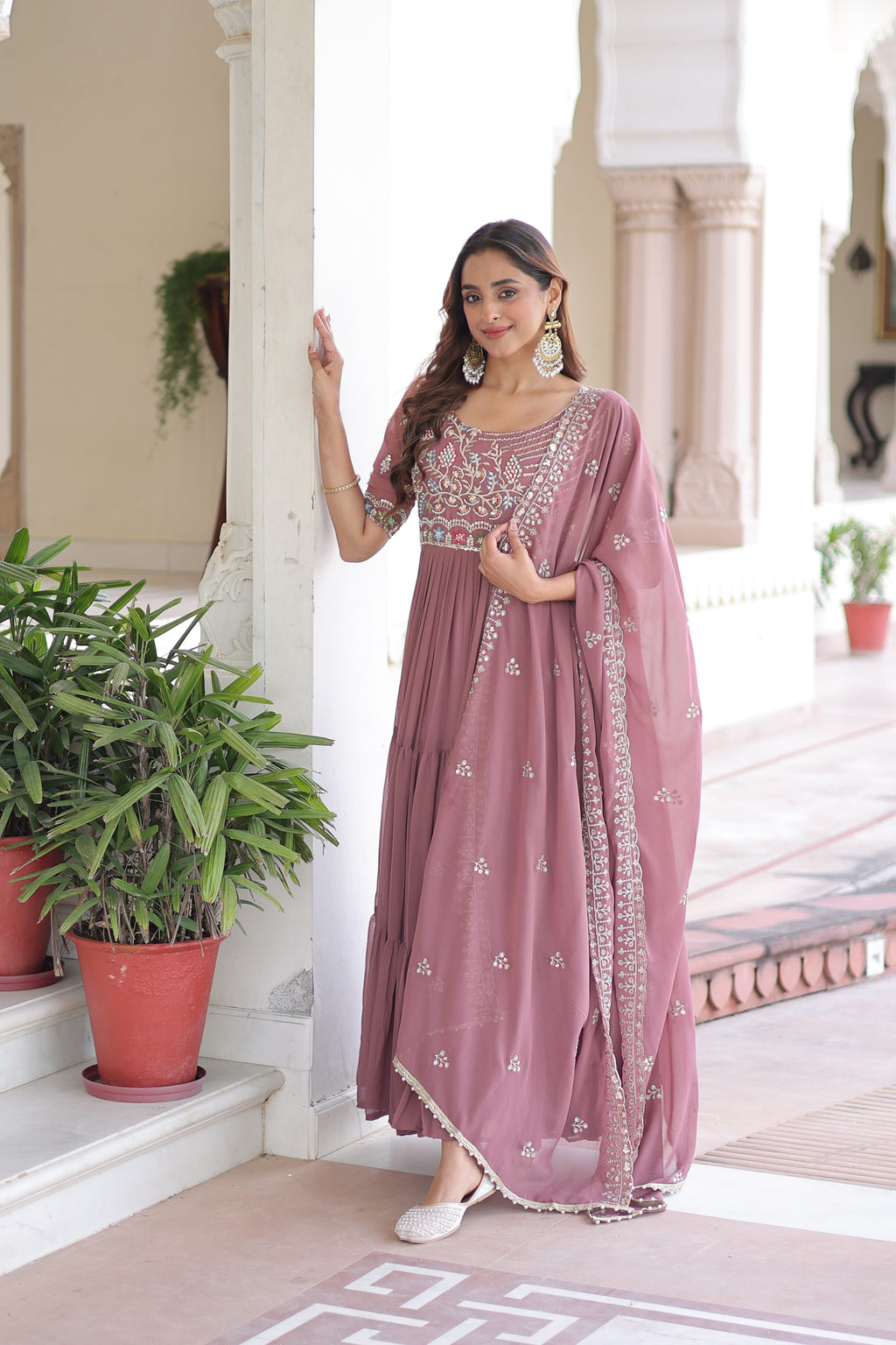 Tosi peach faux blooming gown with sequins embroidered work and dupatta