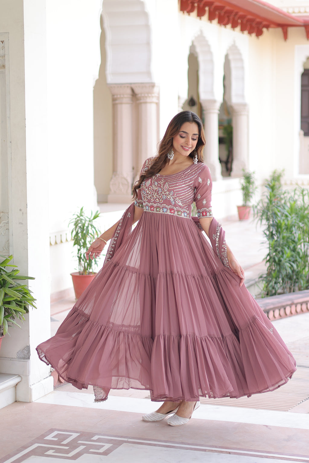 Tosi peach faux blooming gown with sequins embroidered work and dupatta
