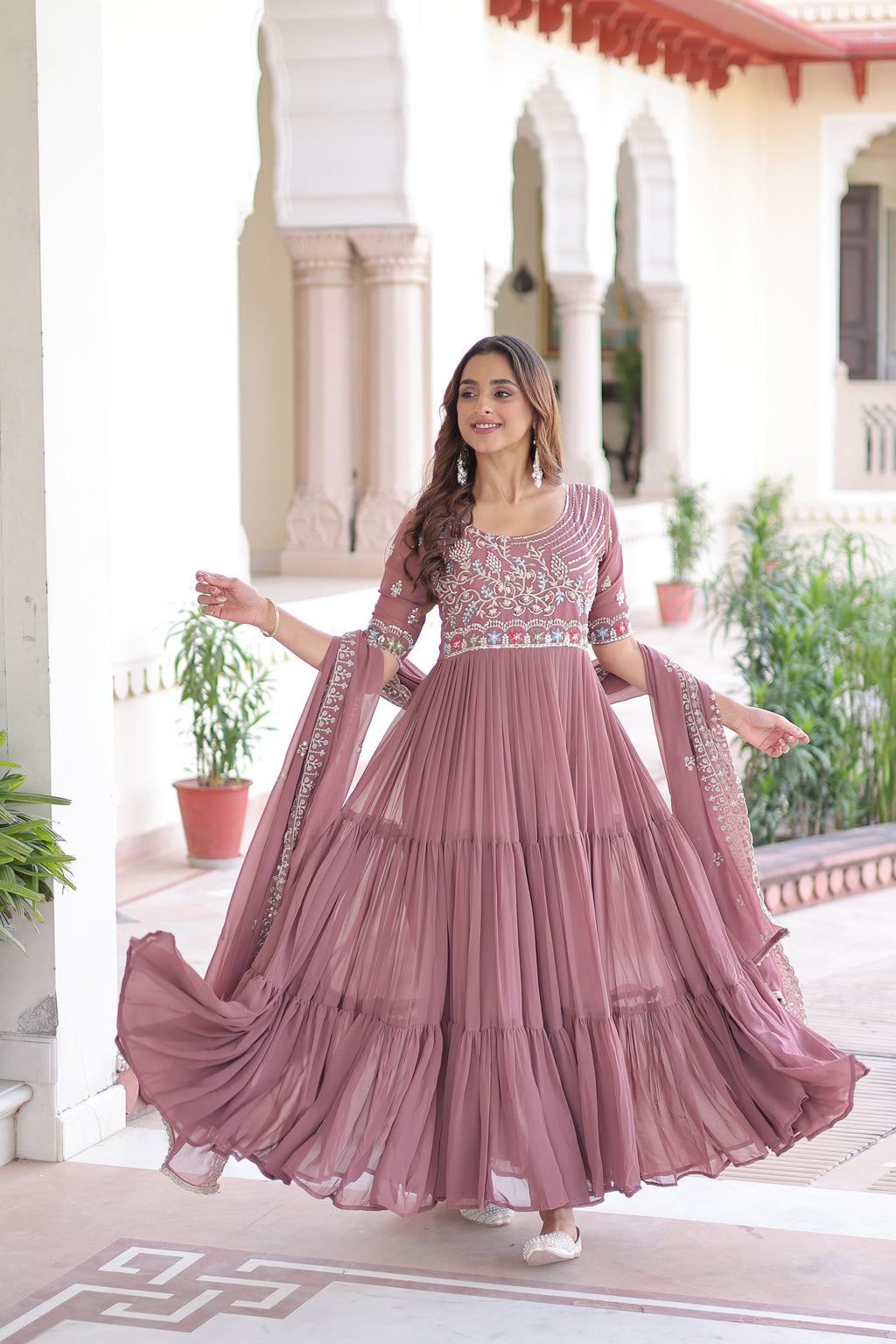 Tosi peach faux blooming gown with sequins embroidered work and dupatta