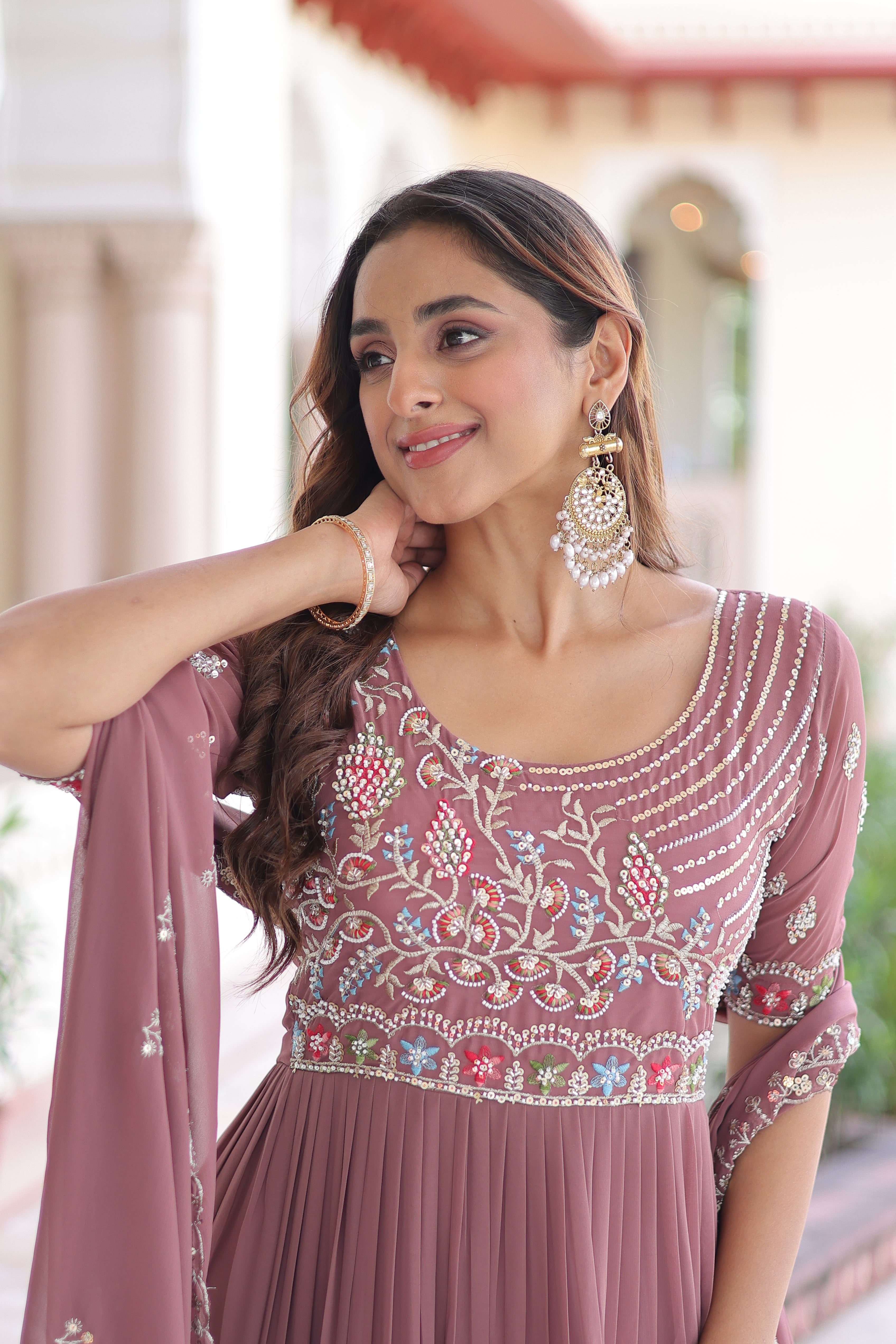 Tosi peach faux blooming gown with sequins embroidered work and dupatta
