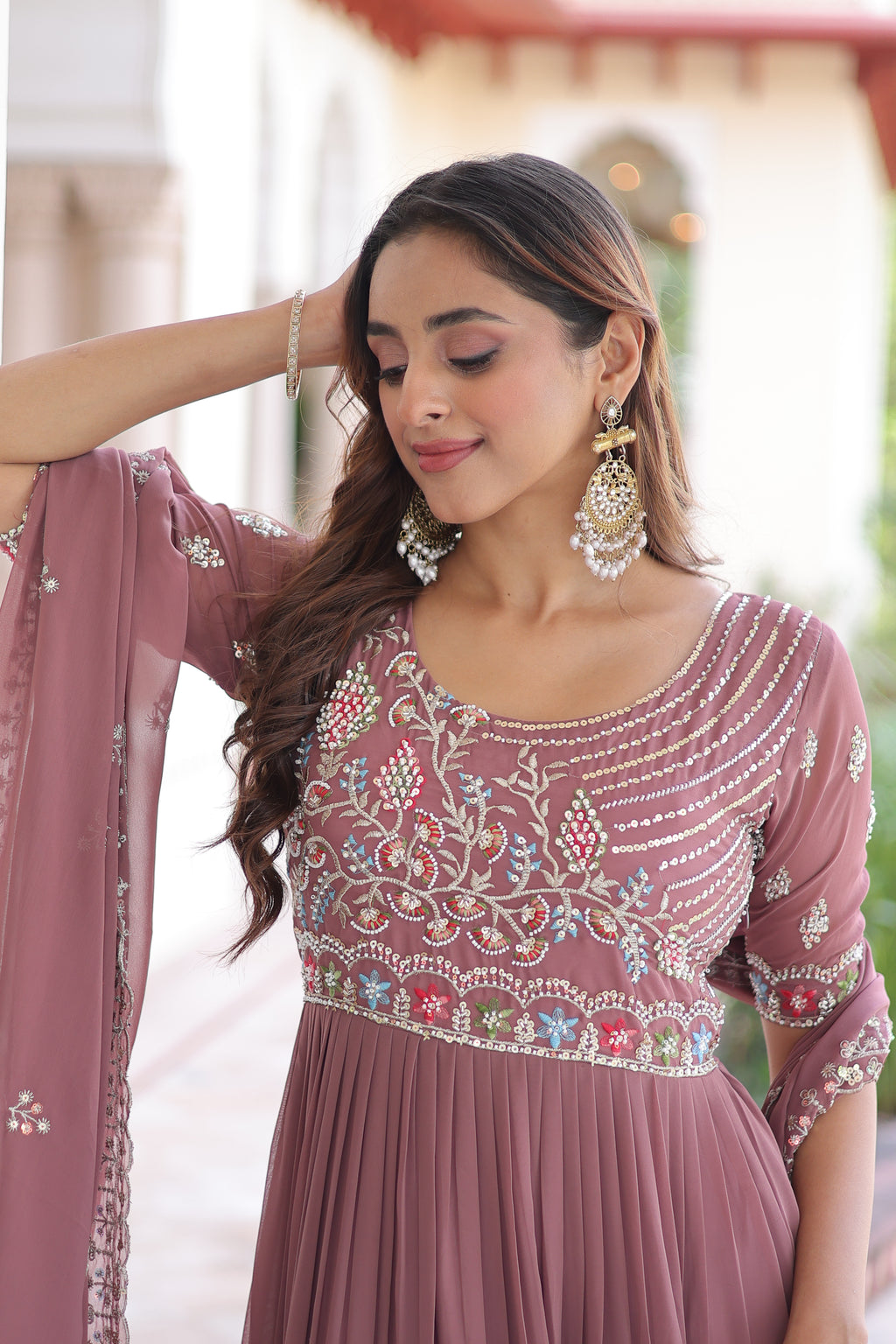 Tosi peach faux blooming gown with sequins embroidered work and dupatta