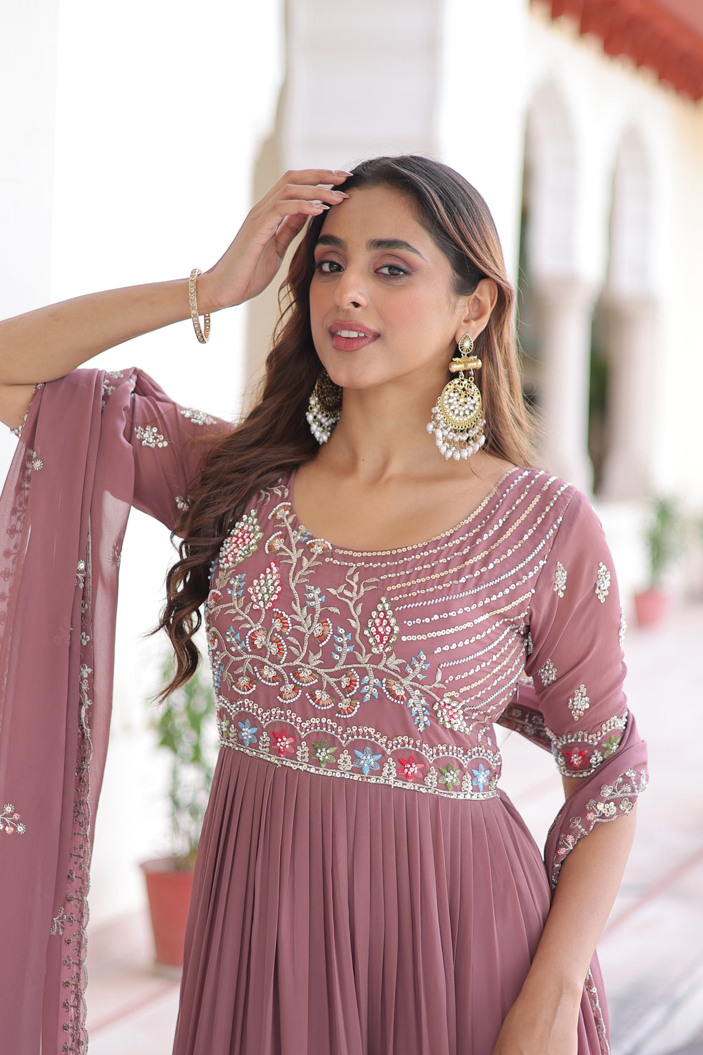 Tosi peach faux blooming gown with sequins embroidered work and dupatta