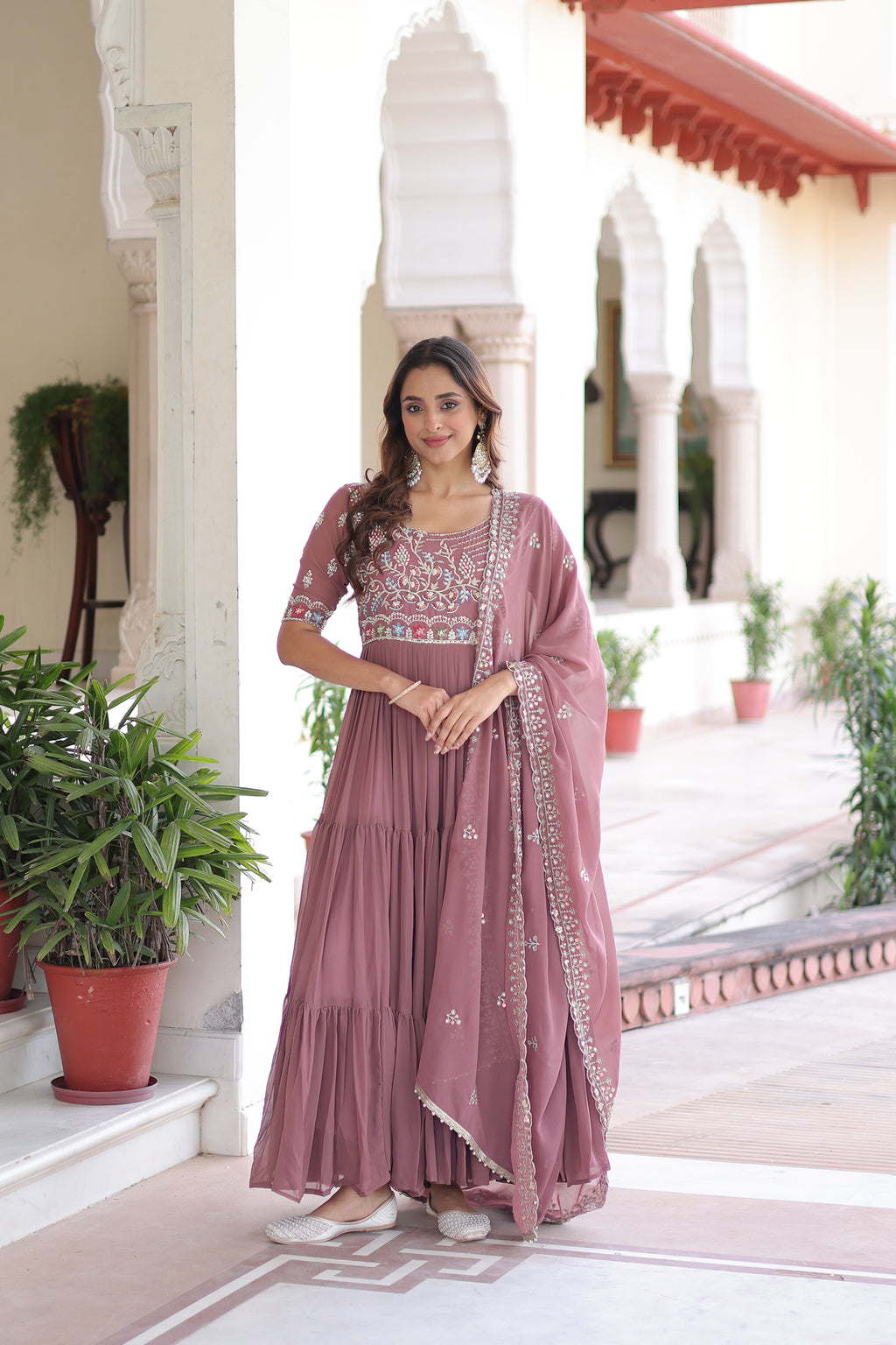 Tosi peach faux blooming gown with sequins embroidered work and dupatta