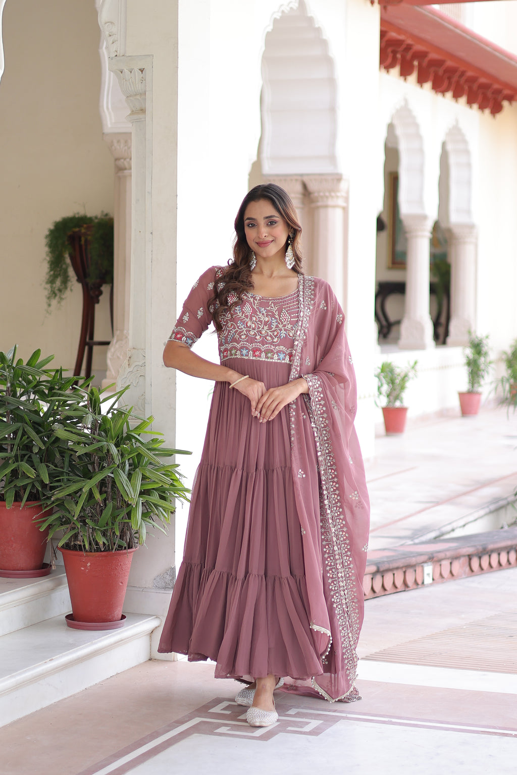 Tosi peach faux blooming gown with sequins embroidered work and dupatta