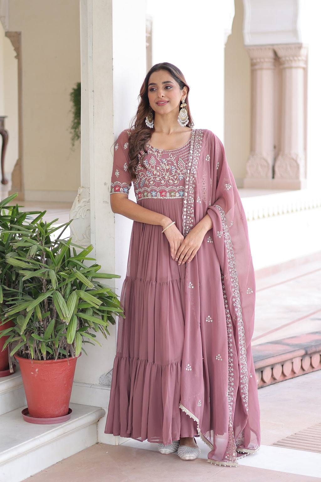 Tosi peach faux blooming gown with sequins embroidered work and dupatta