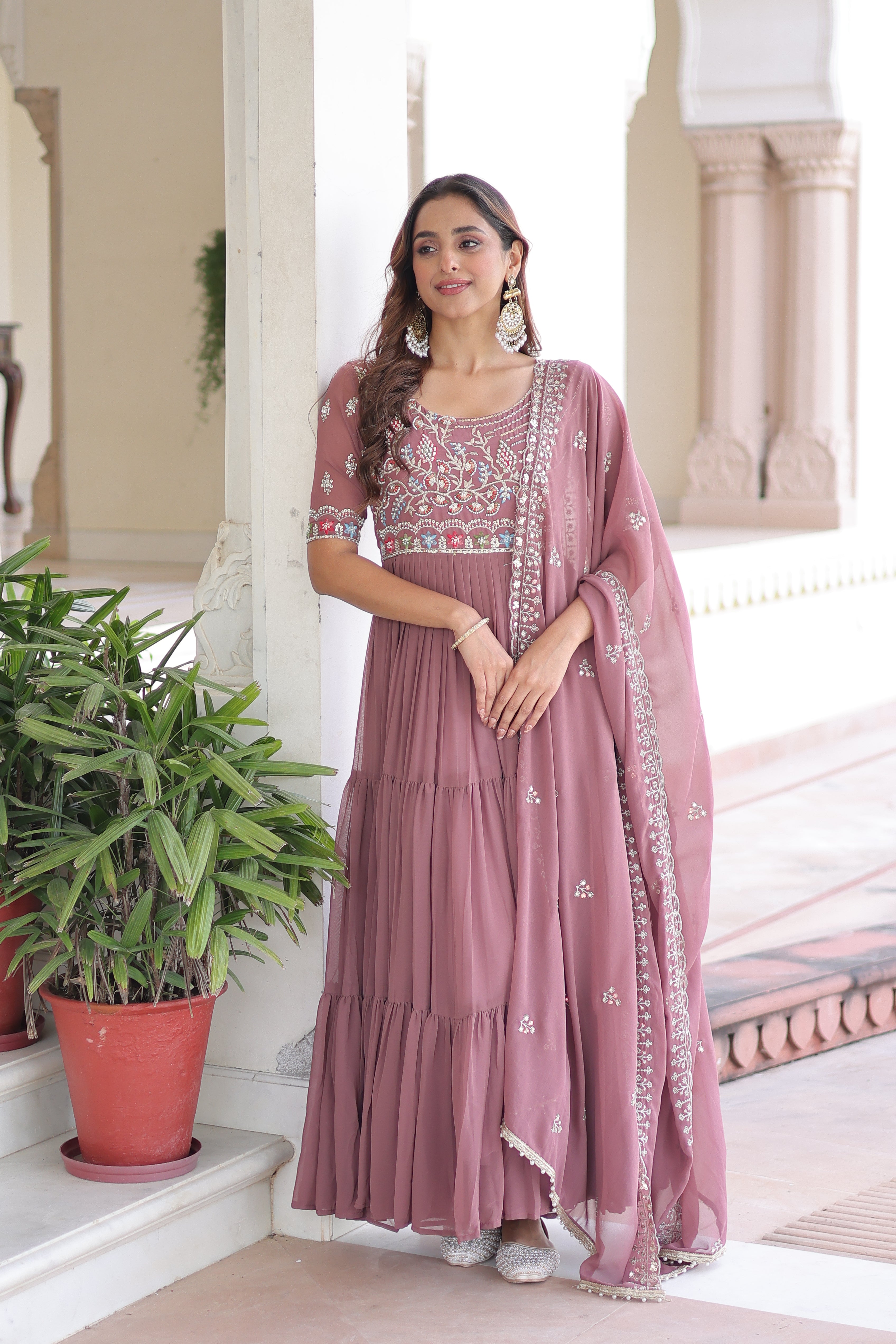 Tosi Peach Color Faux Blooming Sequins Embroidered Work Gown With Dupatta