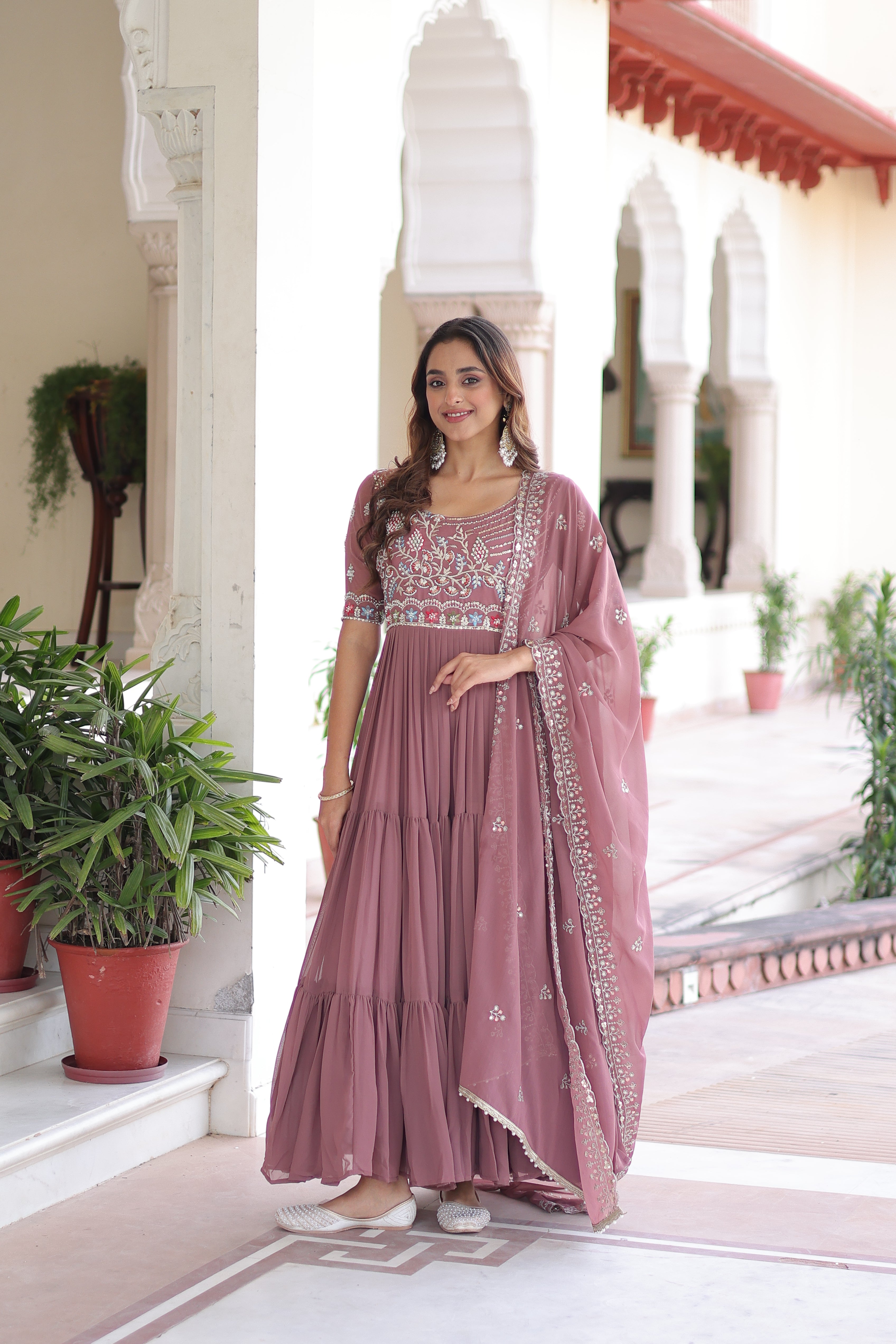 Tosi peach faux blooming gown with sequins embroidered work and dupatta