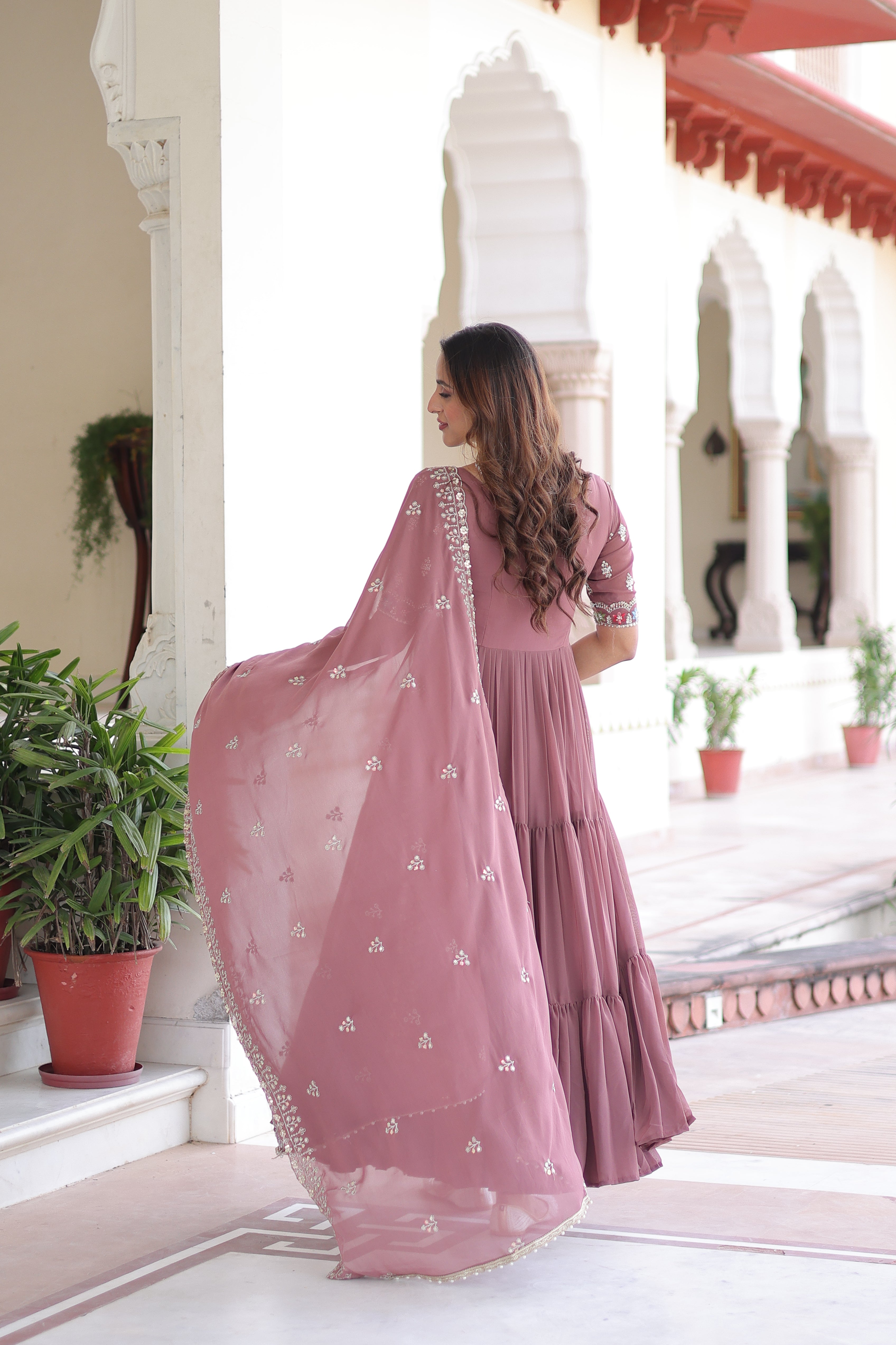 Tosi peach faux blooming gown with sequins embroidered work and dupatta