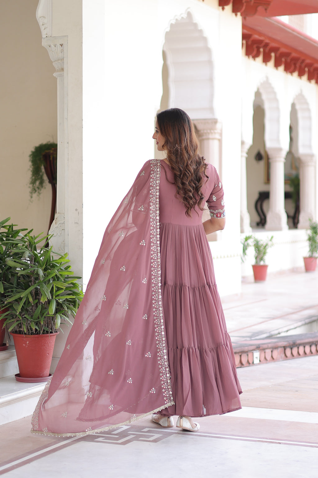Tosi peach faux blooming gown with sequins embroidered work and dupatta