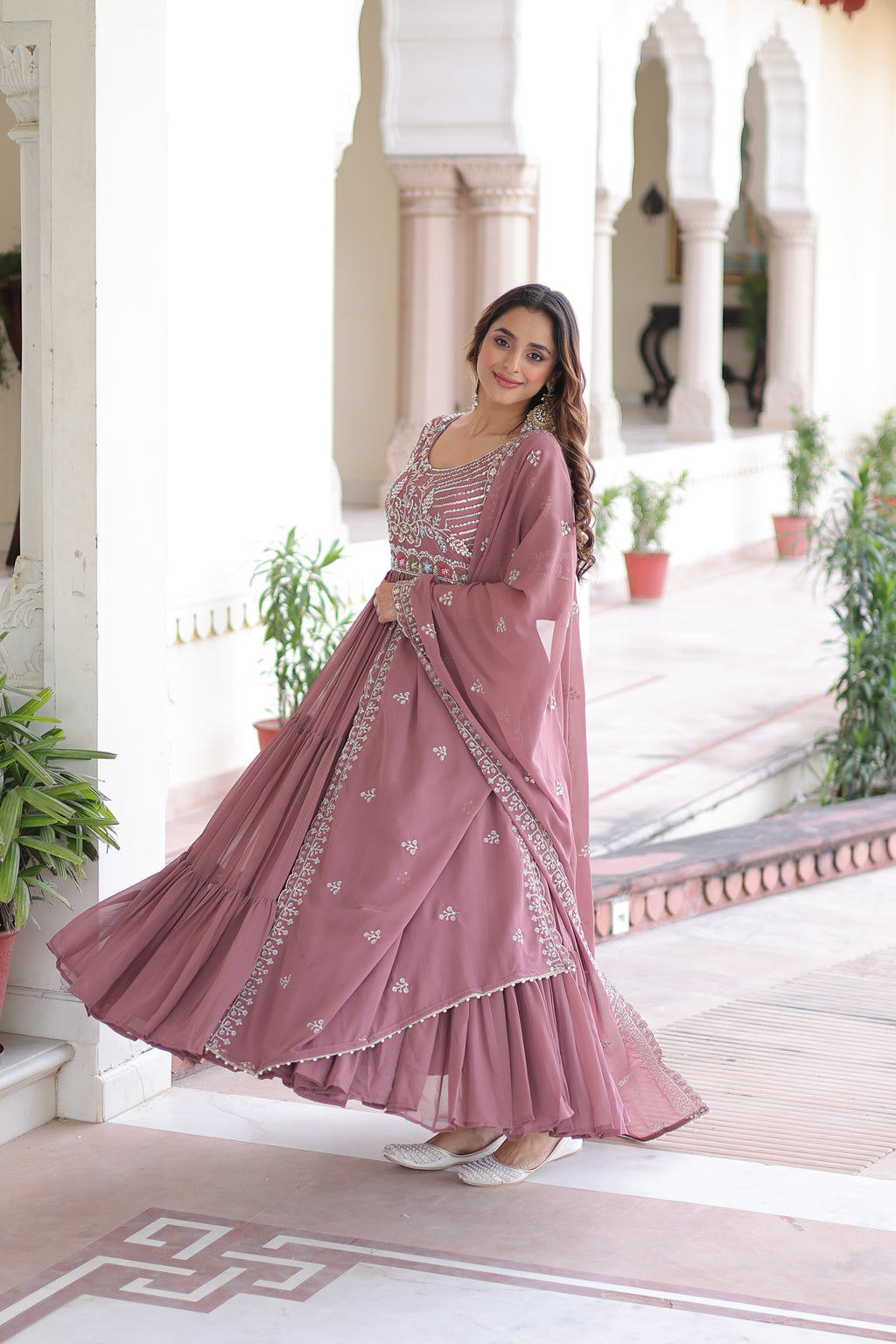 Tosi peach faux blooming gown with sequins embroidered work and dupatta