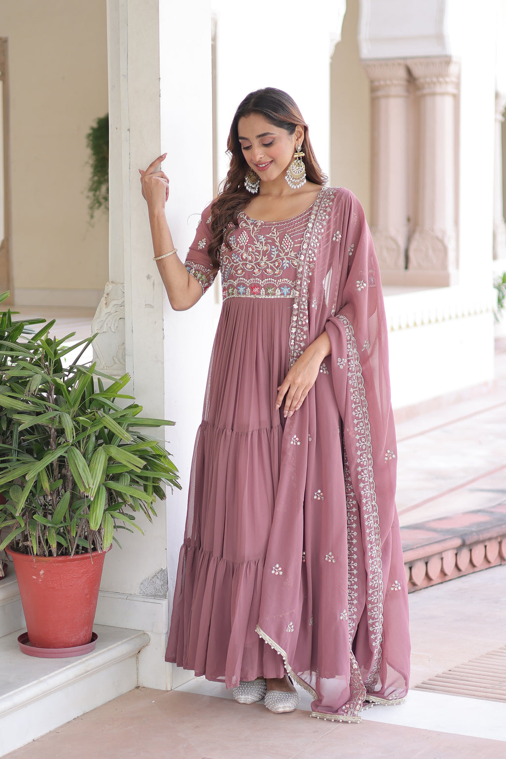 Tosi peach faux blooming gown with sequins embroidered work and dupatta