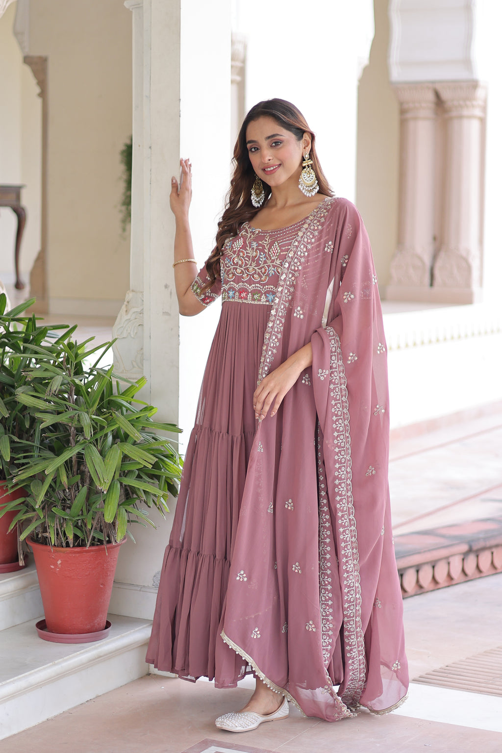 Tosi peach faux blooming gown with sequins embroidered work and dupatta