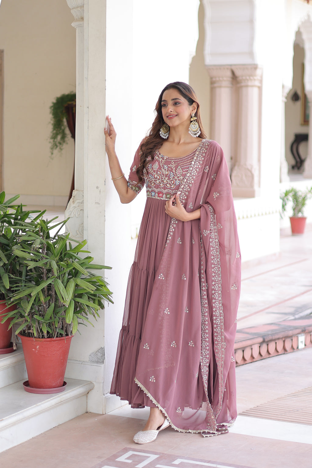 Tosi Peach Color Faux Blooming Sequins Embroidered Work Gown With Dupatta
