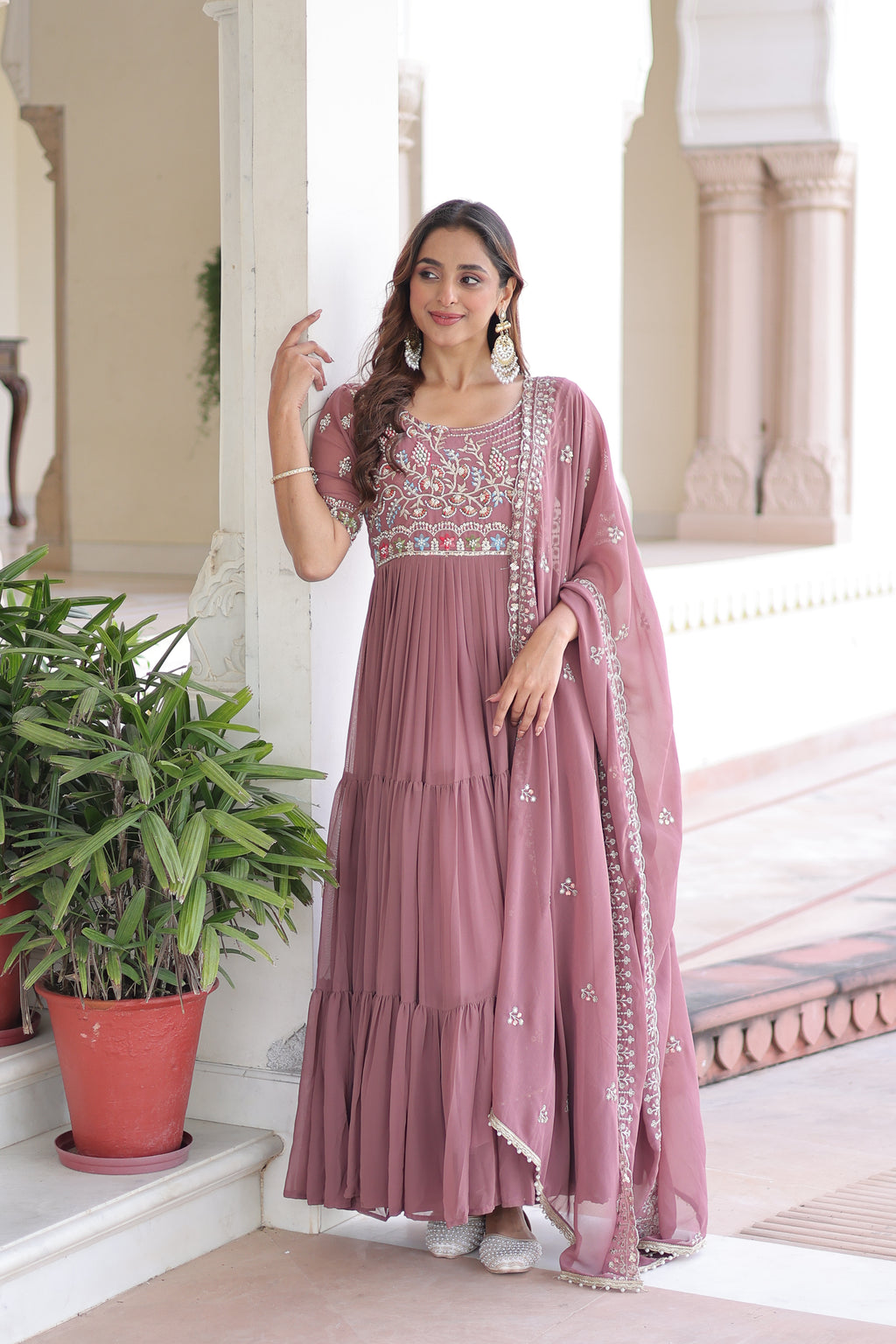 Tosi peach faux blooming gown with sequins embroidered work and dupatta