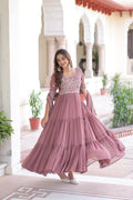 Tosi peach faux blooming gown with sequins embroidered work and dupatta