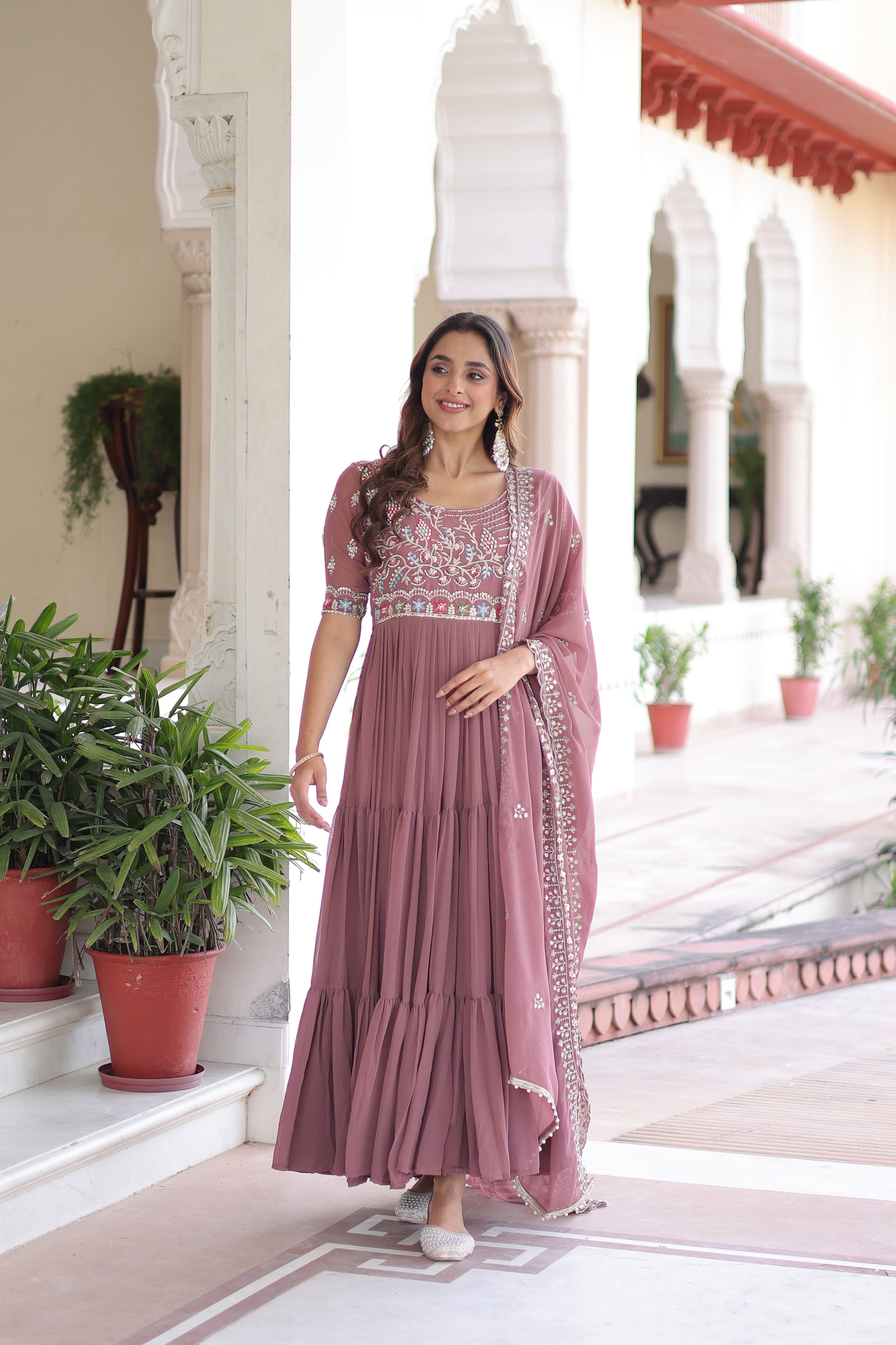 Tosi peach faux blooming gown with sequins embroidered work and dupatta