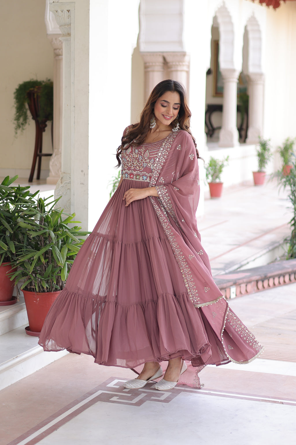 Tosi peach faux blooming gown with sequins embroidered work and dupatta