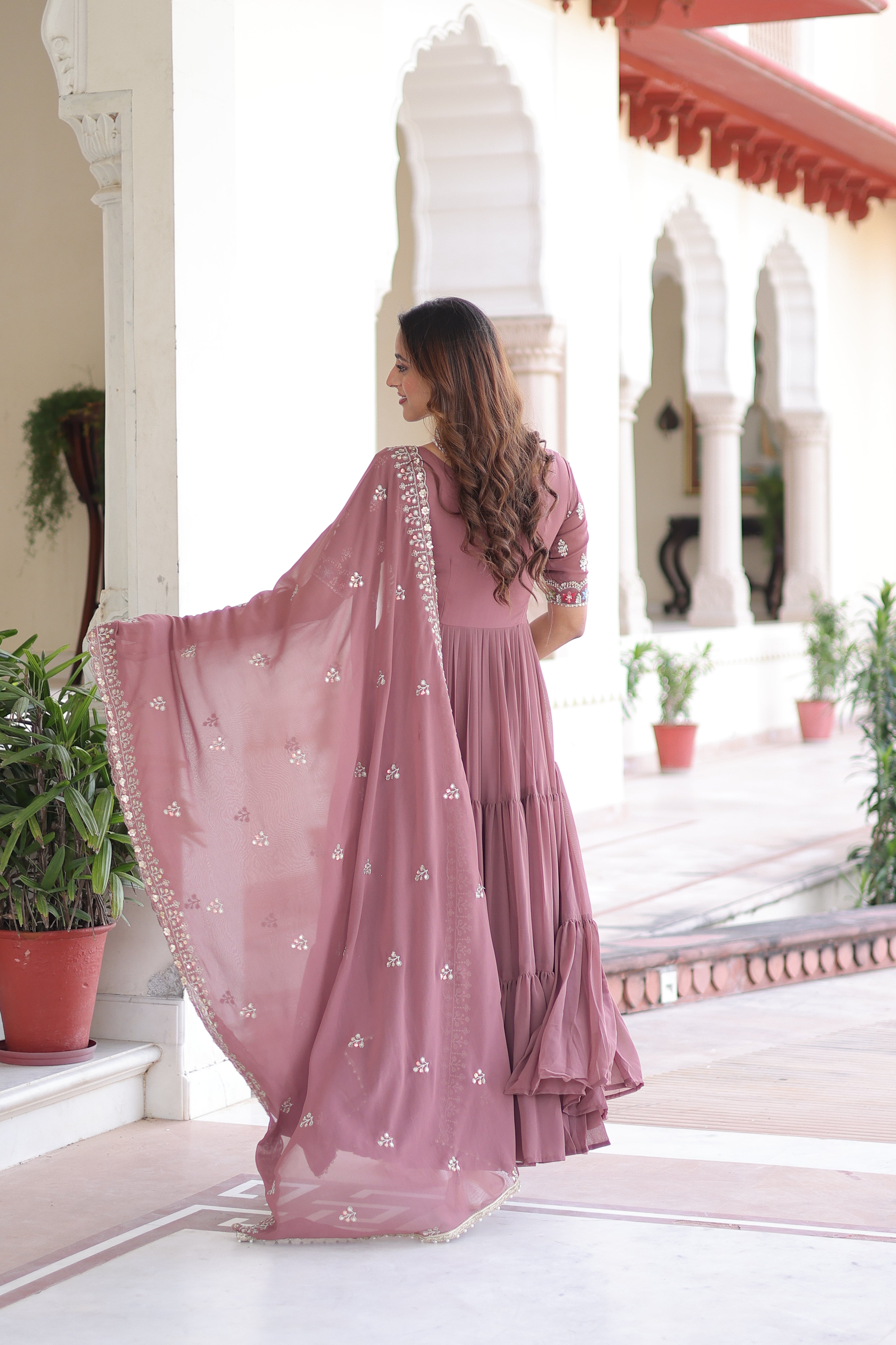Tosi peach faux blooming gown with sequins embroidered work and dupatta