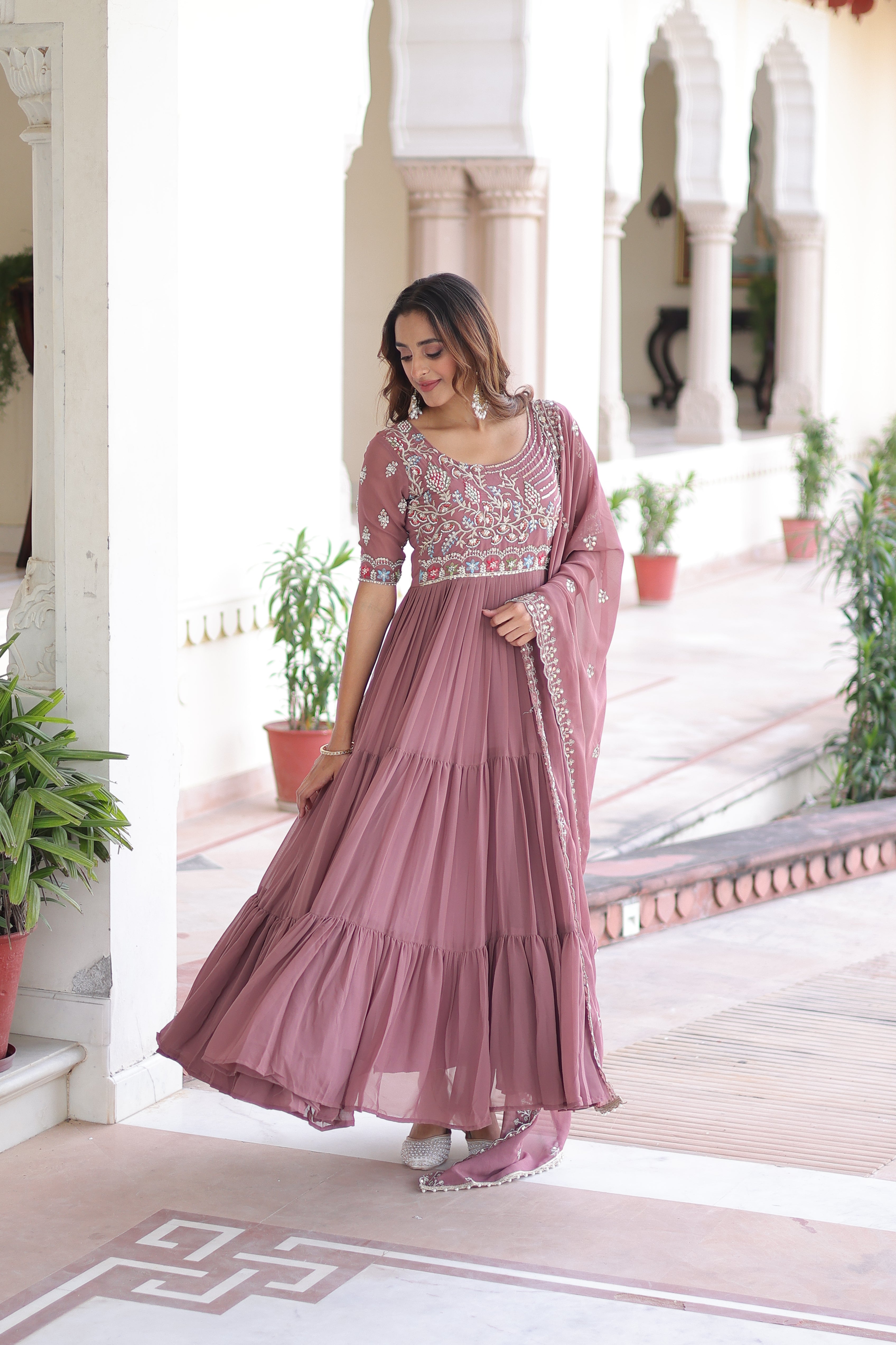 Tosi peach faux blooming gown with sequins embroidered work and dupatta