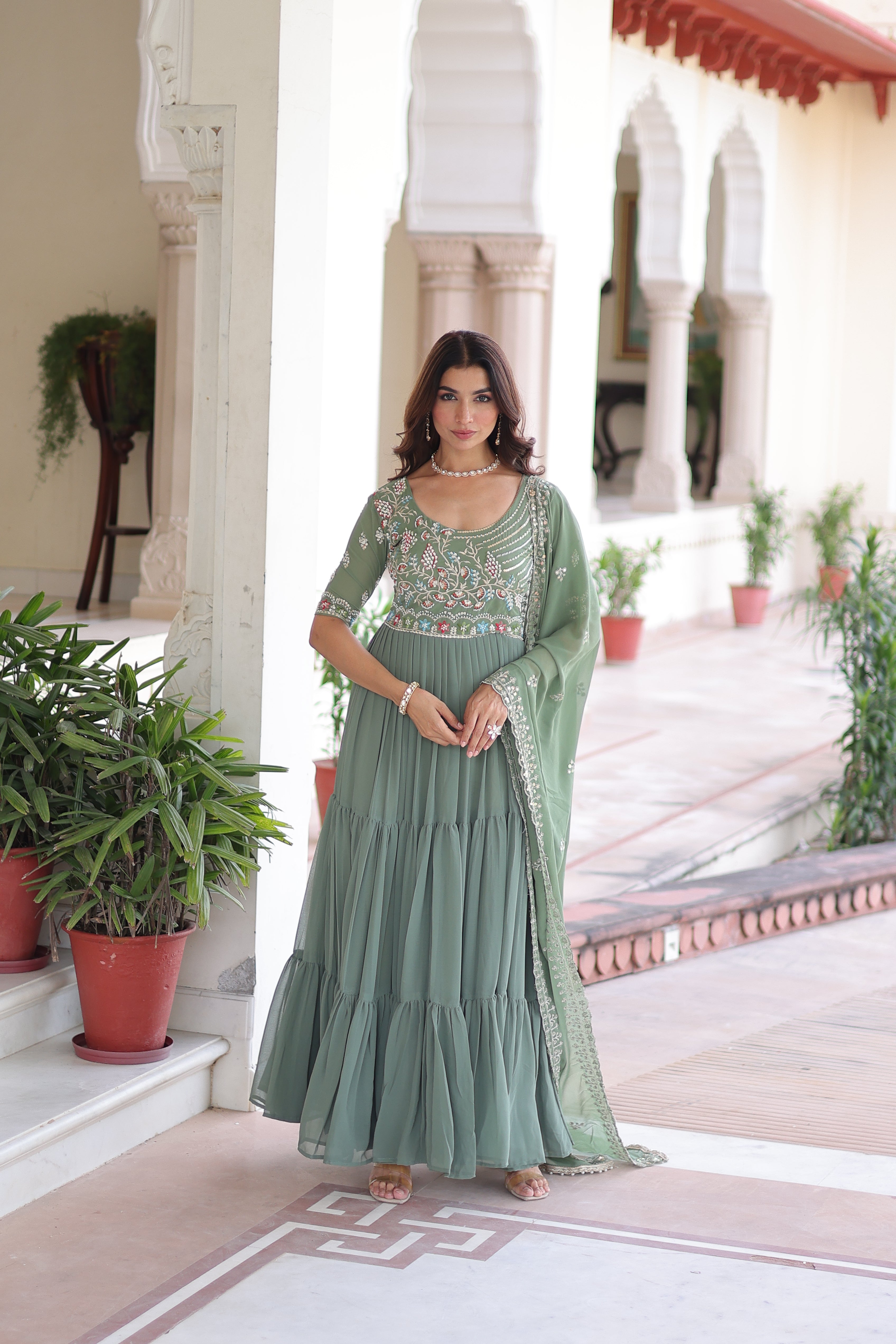 Tosi pista green faux blooming gown with sequins embroidered work and dupatta