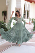 Tosi pista green faux blooming gown with sequins embroidered work and dupatta