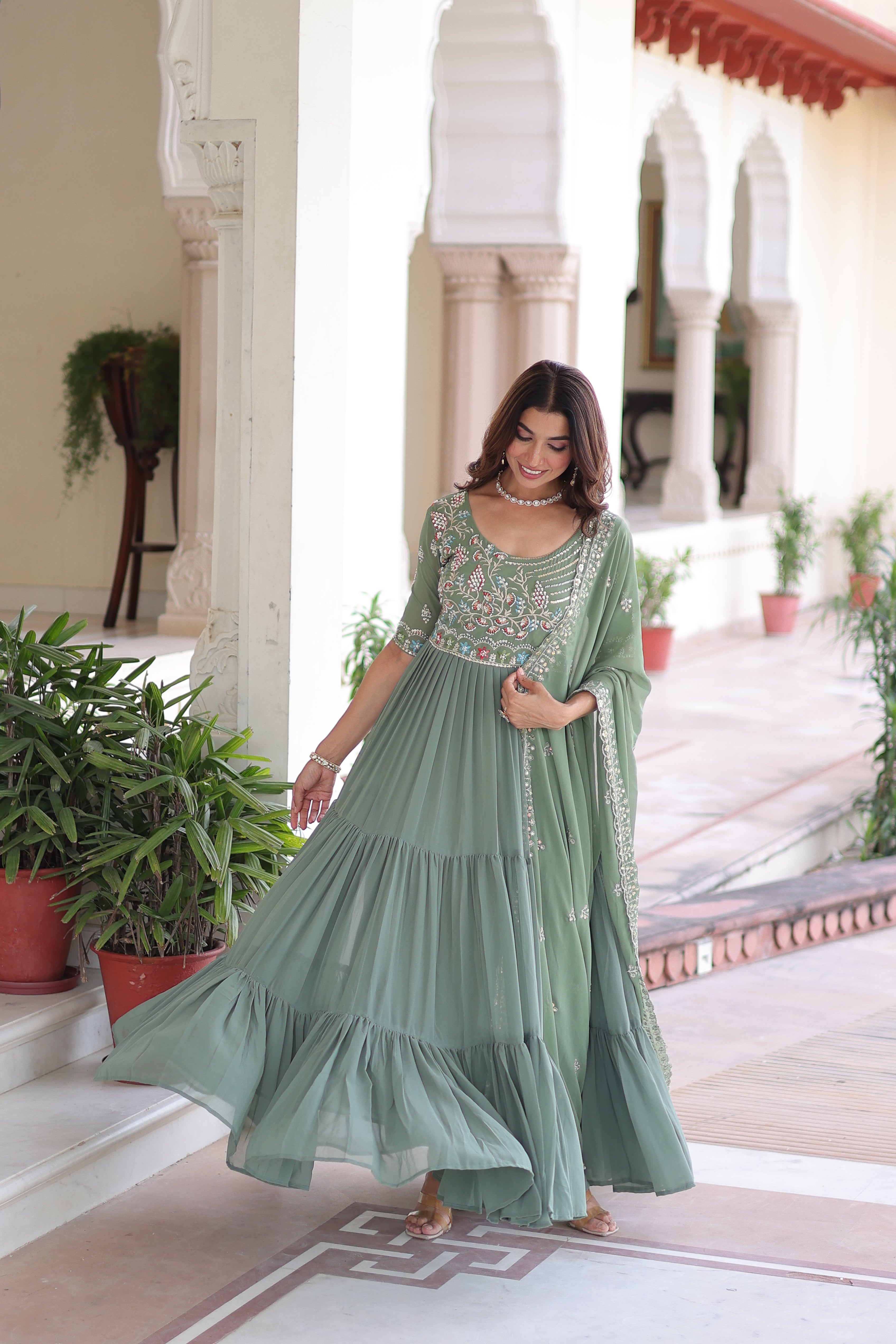 Tosi Pista Green Faux Blooming Sequins Embroidered Work Gown With Dupatta