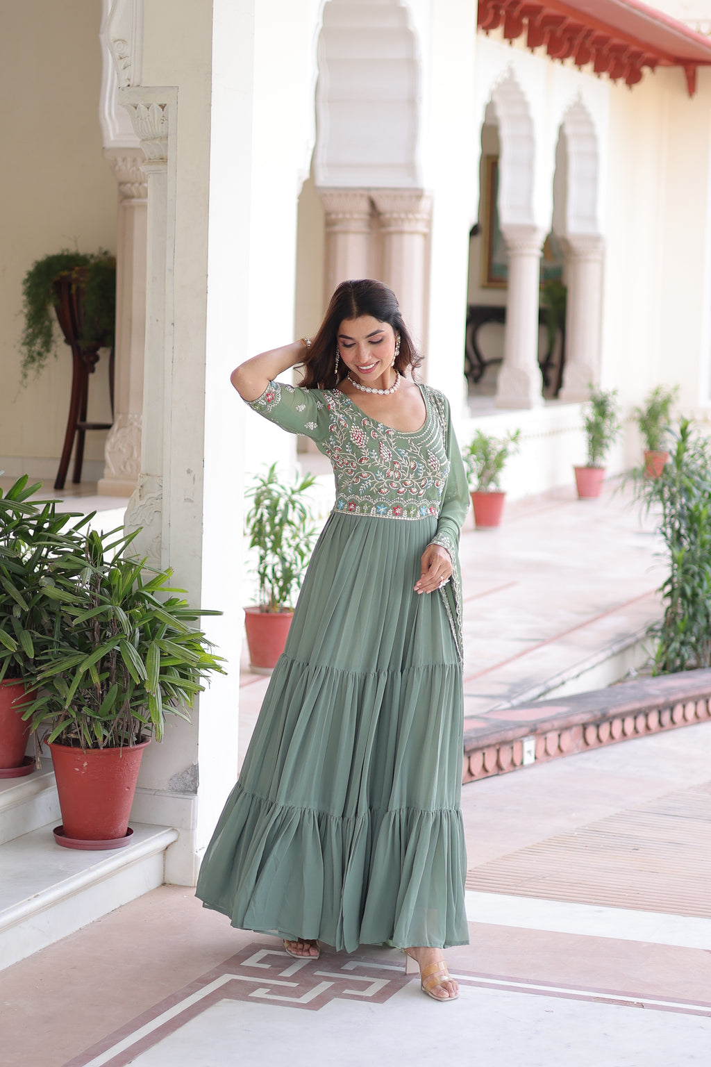 Tosi pista green faux blooming gown with sequins embroidered work and dupatta