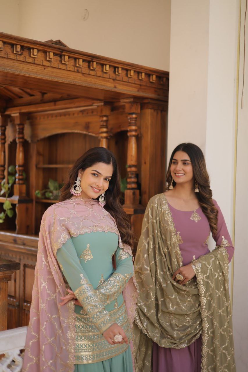 Vindhyavasini Georgette Embroidered Kurti Sharara Set