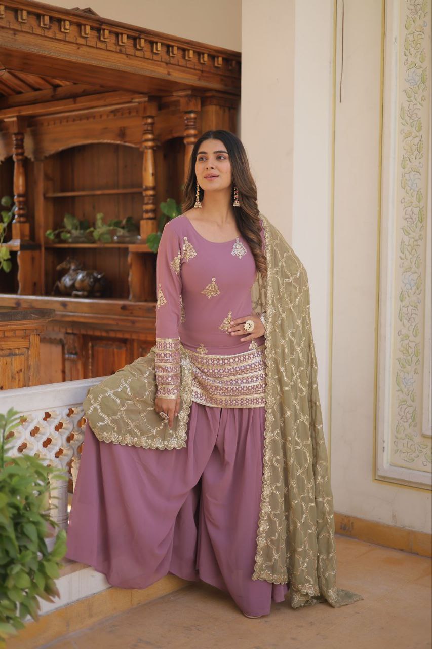 Vindhyavasini Georgette Embroidered Kurti Sharara Set