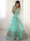 Turquoise net lehenga choli with thread and sequins embroidery and dupatta