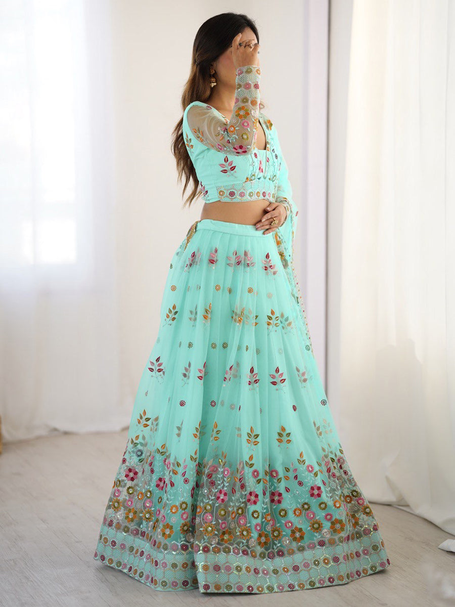 Turquoise net lehenga choli with thread and sequins embroidery and dupatta
