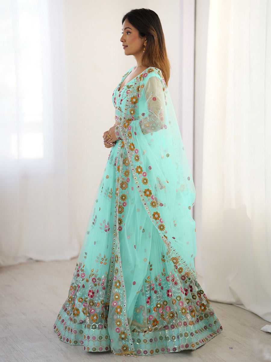 Turquoise net lehenga choli with thread and sequins embroidery and dupatta