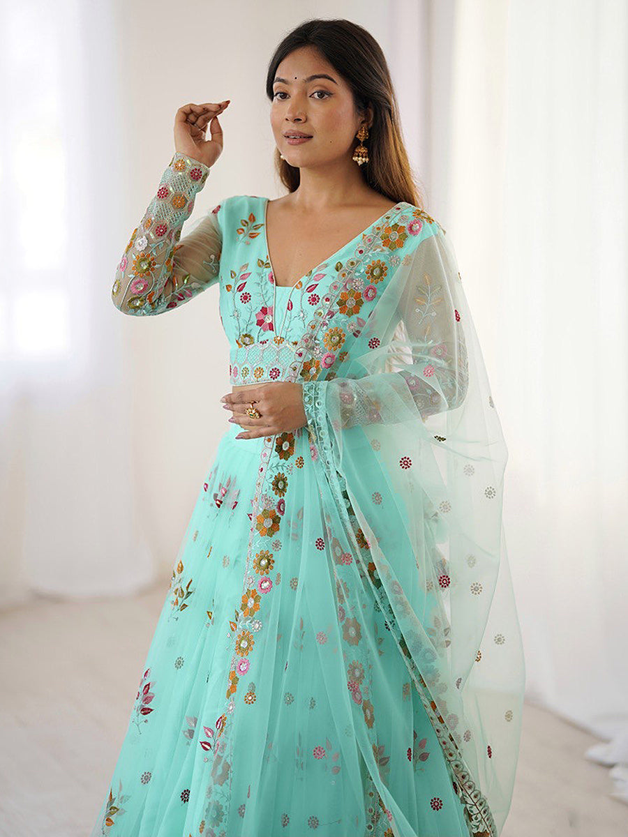 Turquoise net lehenga choli with thread and sequins embroidery and dupatta