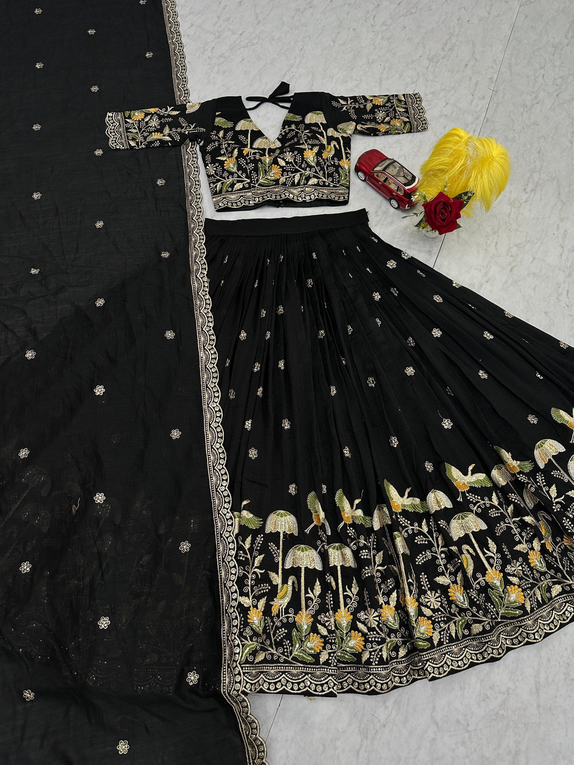 Vaidehi black vichitra silk embroidery work lehenga choli set