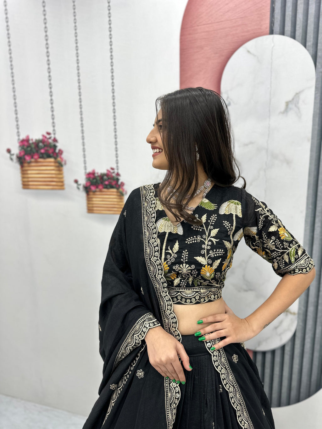 Vaidehi black vichitra silk embroidery work lehenga choli set